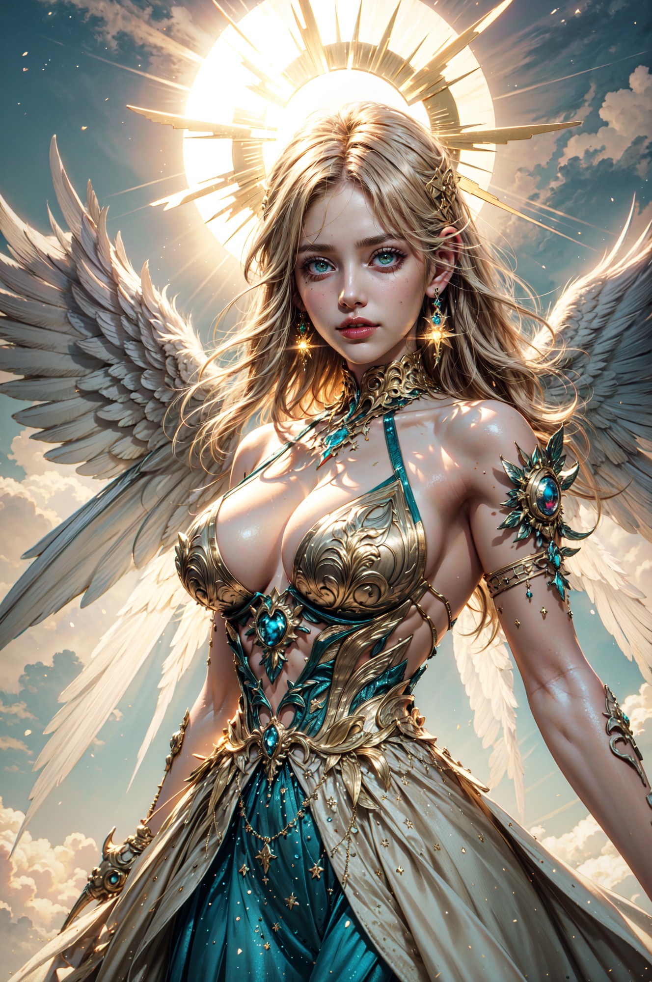 Blonde girl wearing a white LAstargalaxydress,  ,  hair moved by wind on Tensor.Art