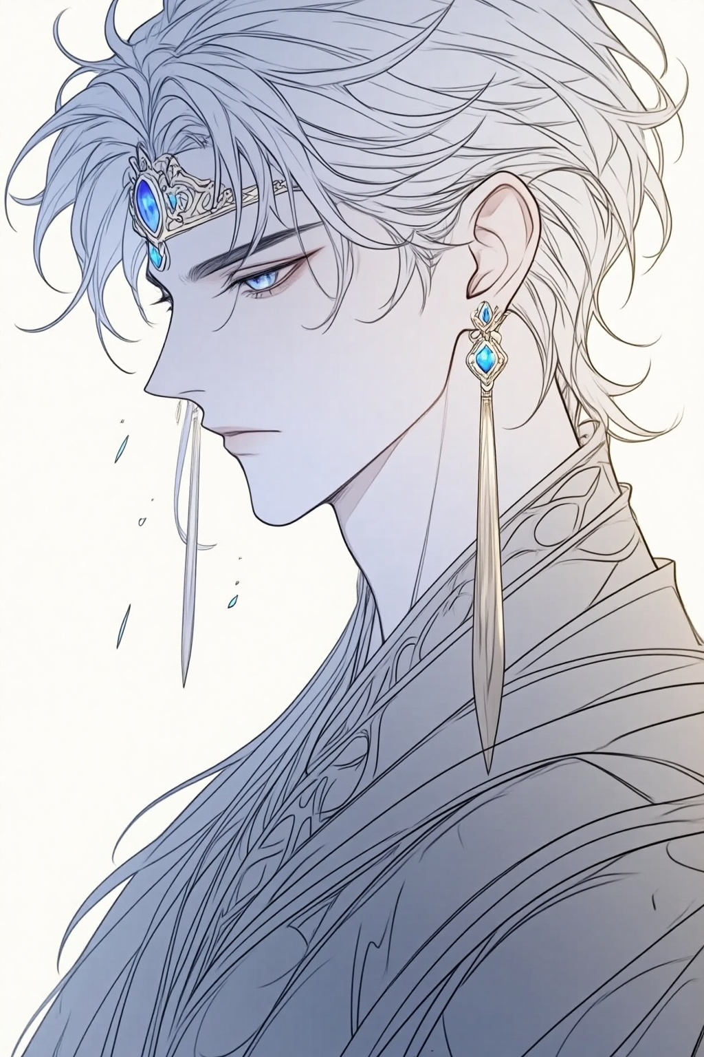 ZOZ_SUMIAOHH,ZOZ_SUMIAOMIAO,a digital illustration shoot from a profile camera angle about a close-up portrait of a male character with silver hair and a regal crown adorned with blue gemstones and dangling earrings,set against a plain white background,the image also shows intricate details and a soft,ethereal quality,on the middle of the image,a young man,who appears to be in his early twenties,is facing the viewer,looking to the side with a serious expression,he has short,wavy,silver hair,blue eyes,and is wearing a black outfit with intricate patterns,he is also wearing a pair of earrings and a crown with a large,blue gemstone,the man has a slim body,and his hair is styled in a way that frames his face,the overall style is detailed and elegant,with a focus on the mans facial features and jewelry,