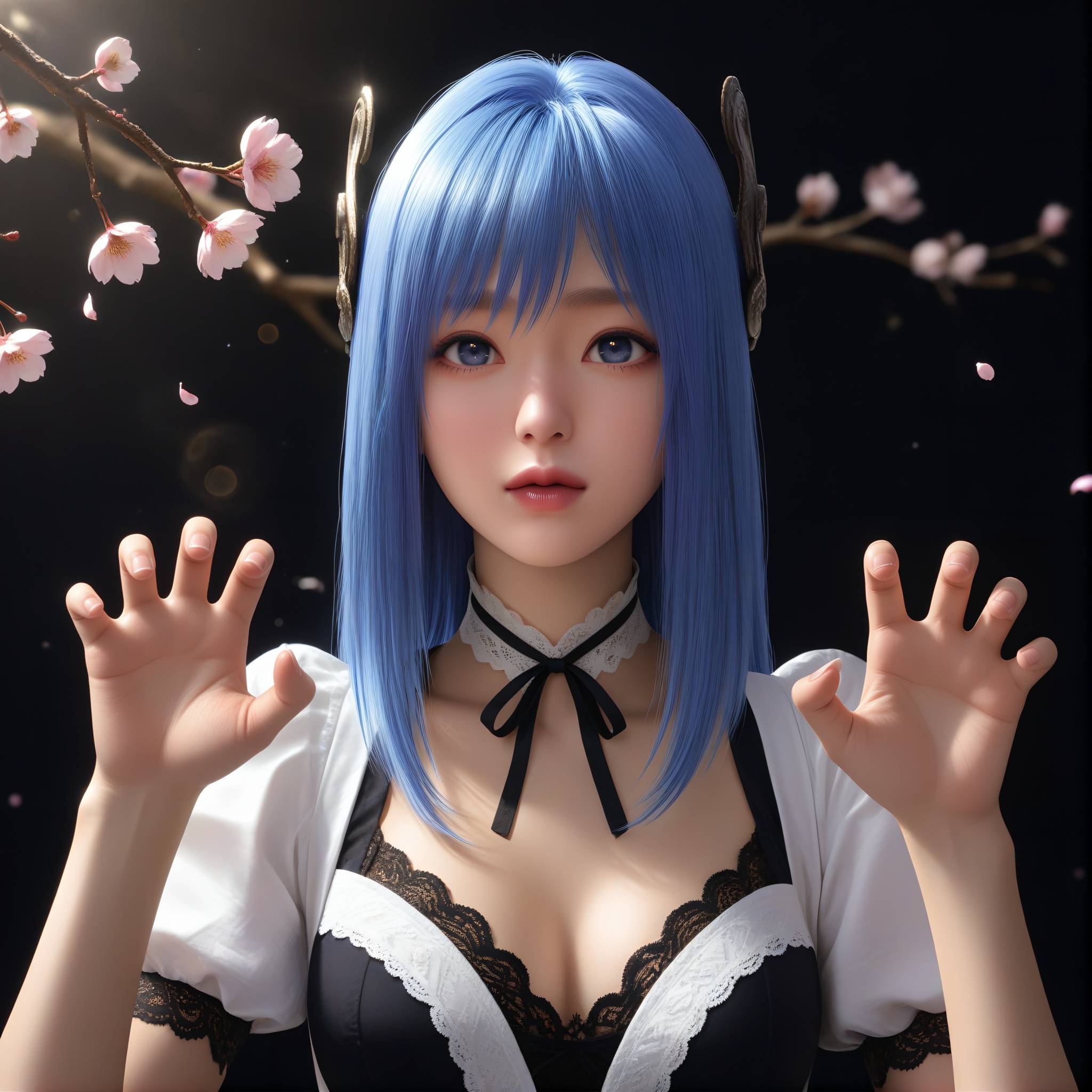 (score_9),cute,narrow waist,(glamor:1.1),<lora:蓝葵-ill:0.8>,1girl,solo,blue hair,long hair,blue eyes,hair crown,lankui,collarbone,(maid:1.1),dress,lace trim, lace, looking at viewer,upper body,claw_pose,(paw_pose),BREAKtwig,branch,falling petals,simple background,black background,rim light,Volumetric Lighting,lens flare,Tyndall effect,depth of field,bokeh,sparkle,