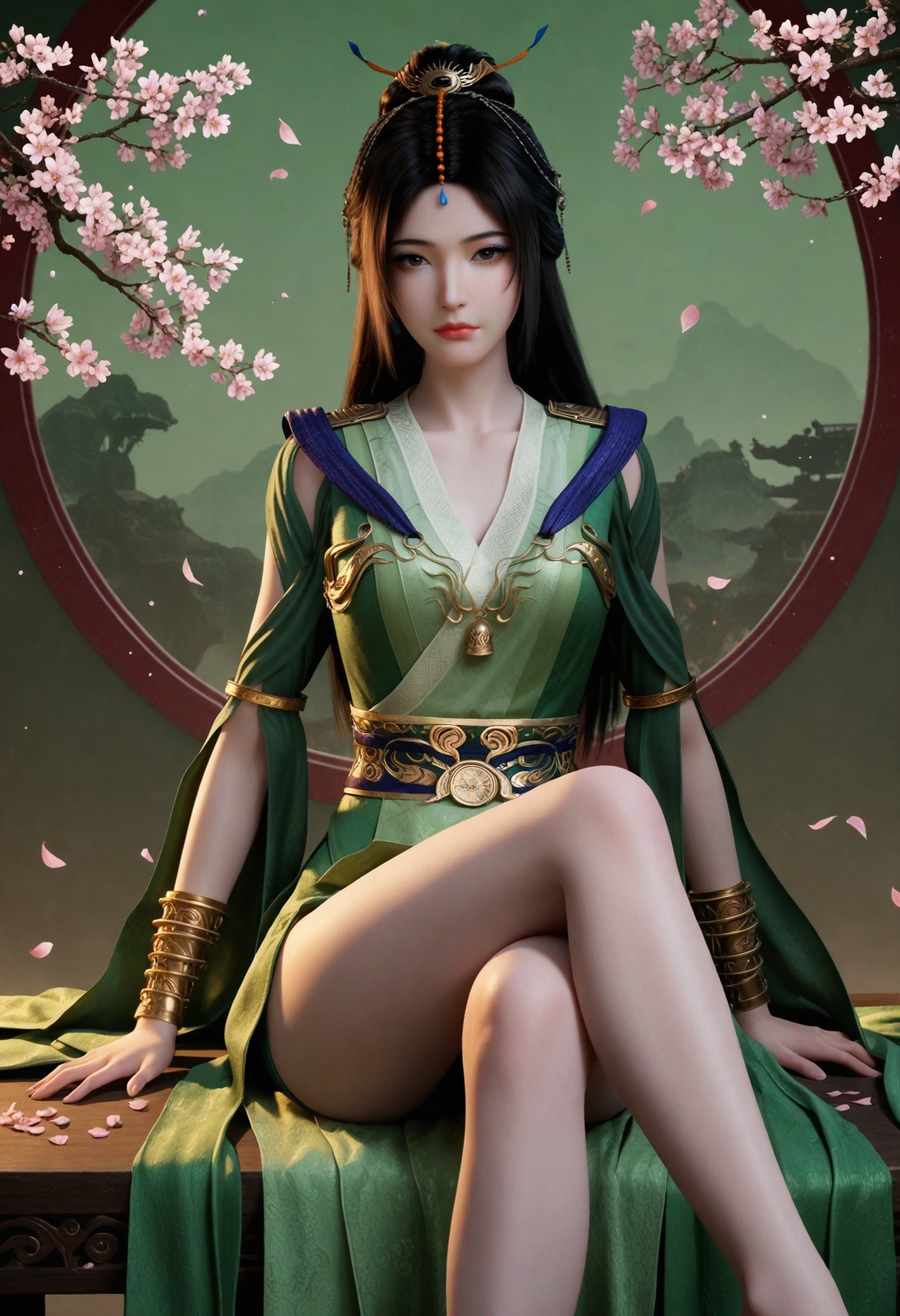 (looking at viewer:1.1),(moody lighting:1.1),peach blossom,falling petals,(large breasts:0.8),liuyu,1girl,solo,black hair,hair ornament,long hair,green dress,realistic,dress,chinese clothes,closed mouth,jewelry,bracelet,sash,hair bun,brown eyes,clothing cutout,barefoot,sitting,(crossed legs:1.3) BREAK masterpiece,(best quality),(intricate details:0.9),(realistic skin:1.2),<lora:QQSillliuyuV1:0.8>,
