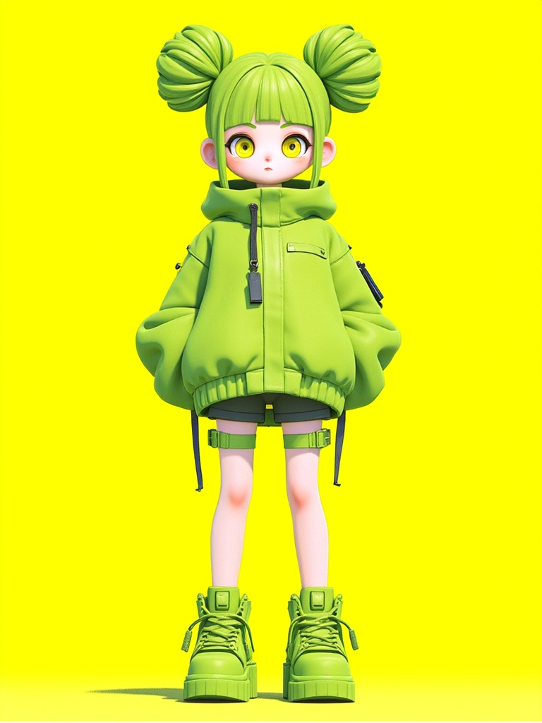 miluo_3d,3D, A digital anime-style drawing of a cute, pale-skinned girl with big, expressive yellow eyes and lime green hair styled in twin buns. She's rocking a matching lime green, oversized jacket and shorts with chunky boots, set against a bright yellow background. The art style is detailed and vibrant, with a playful and futuristic vibe.<lora:miluo丨3D 1.3:0.8>