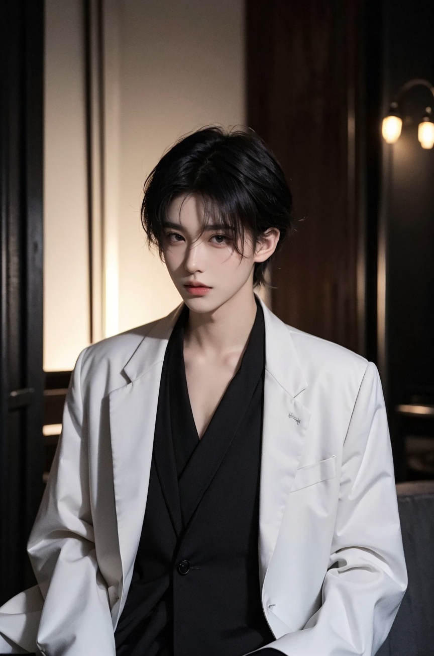 solo, male focus, 1boy, realistic, looking at viewer, upper body, black hair, labcoat,lips, closed mouth, black eyes,<lora:YG男神:0.75>,