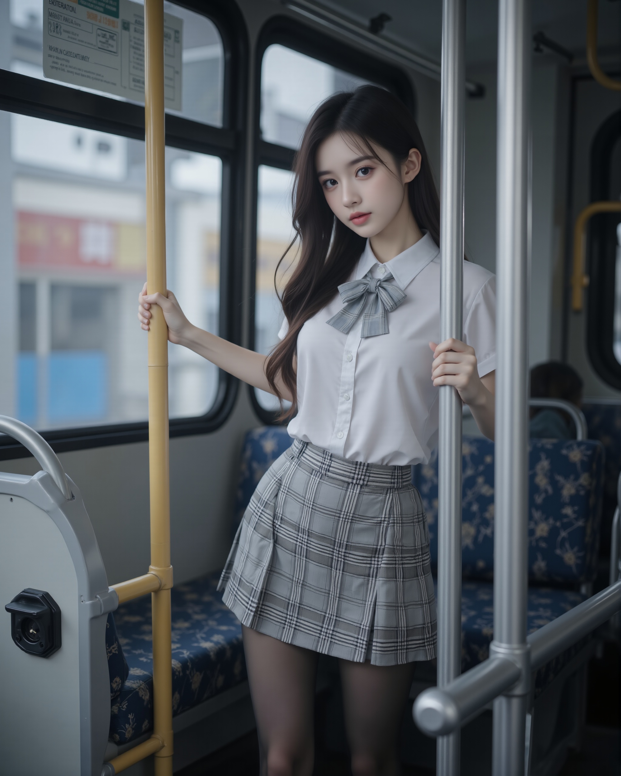 Real photography, super high quality, masterpiece, a girl, wearing a jk uniform, white shirt, light gray checkered pattern bow, light gray checkered skirt, black pantyhose, wearing a delicate watch, standing On a city bus, a hand grasps the handrail, blurred scene inside the city bus, professional composition, real light and shadow<lora:FLUX-极品超模V3:1.2>