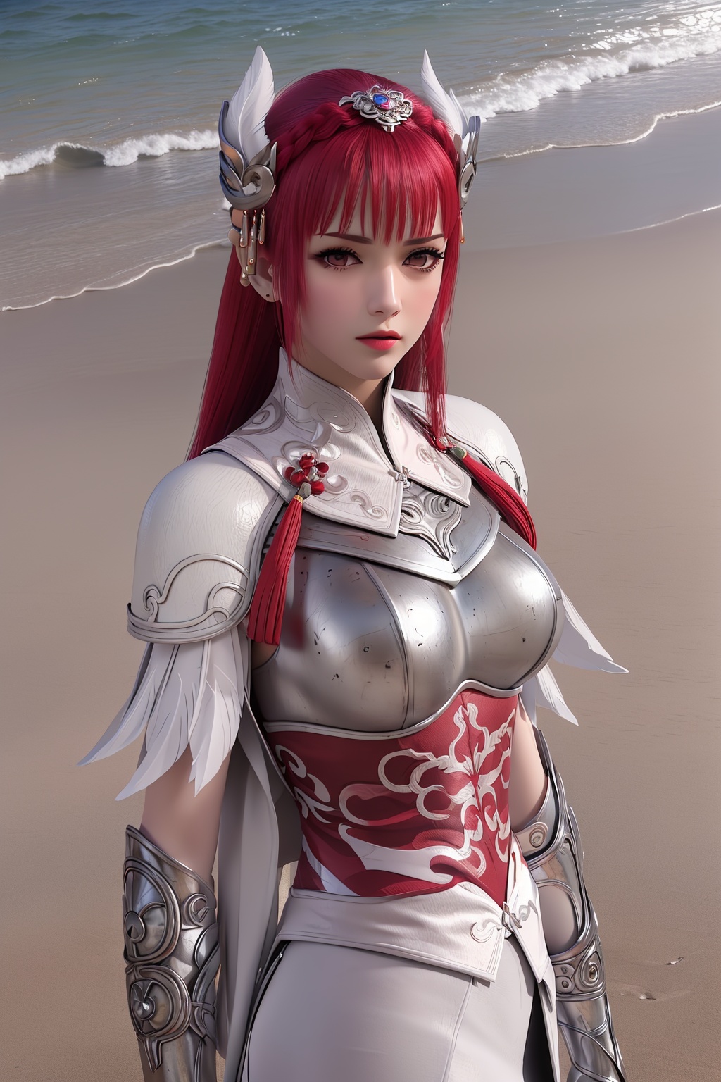 masterpiece,(best quality),(3d)official art, extremely detailed cg 8k wallpaper,((crystalstexture skin)), (extremely delicate and beautiful),highly detailed,((hair_ornament)),(face,eyes),1girl,solo,long hair,headwear,(standing),(red hair),(closed mouth),(looking at the audience:1.3),(Facing the camera:1.3),hand,gloves,makeup,((armor)),,(dress,chinese_clothes,skirt),((Summer, beach, sunbathing, seaside)),((looking_at_viewer)), (medium breasts), (upper body), <lora:hipoly3DModelLora_v10:0.3>