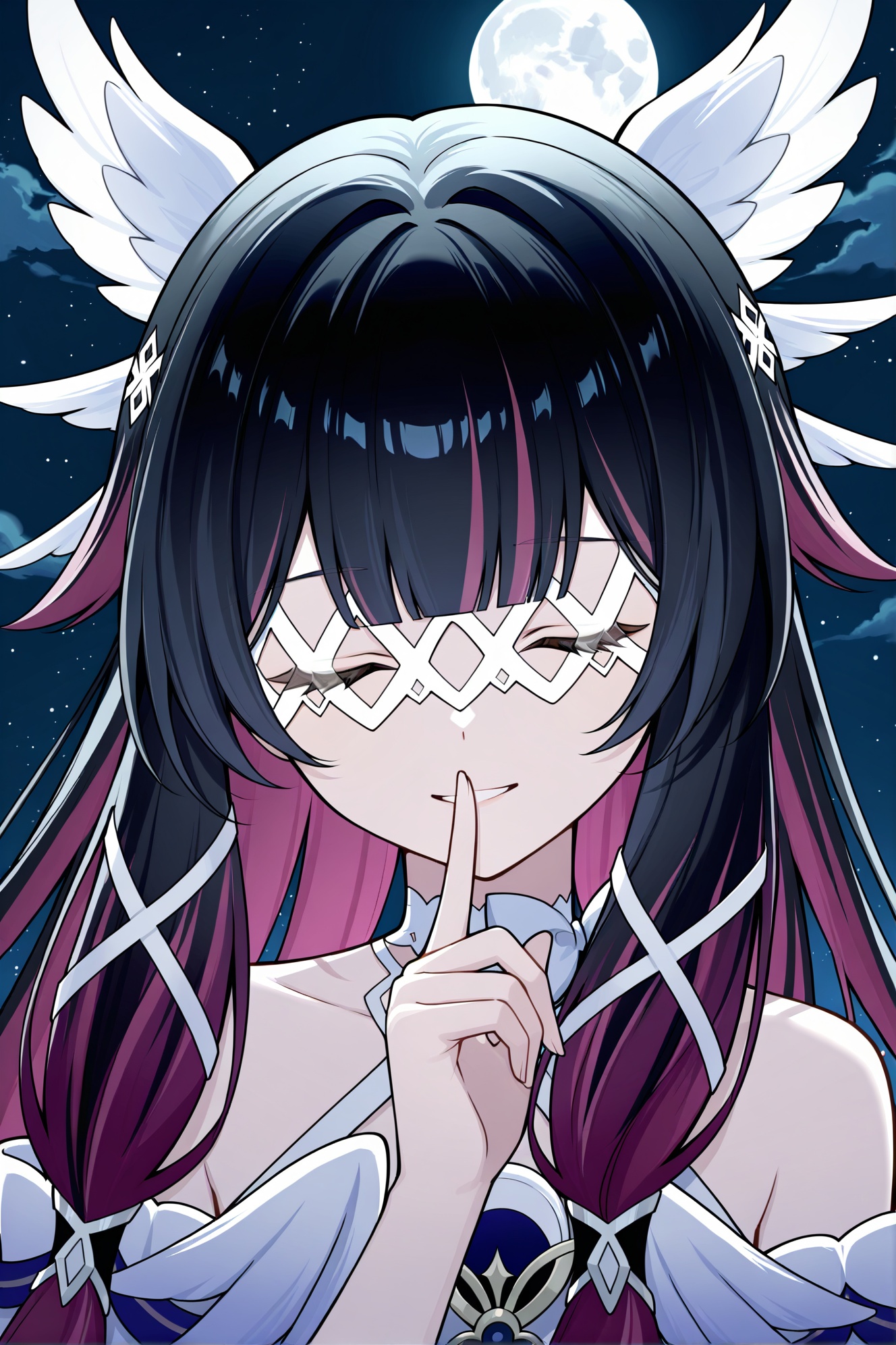 Columbina\(genshin impact\),1girl,solo,moon,multicolored hair,closed eyes,full moon,black hair,eye mask,long hair,finger to mouth,night,sky,white mask,shushing,wing hair ornament,facing viewer,smile,two-tone hair,index finger raised,wings,very long hair,head wings,night sky,upper body,blunt bangs,hair ornament,star \(sky\),streaked hair,ovc2,