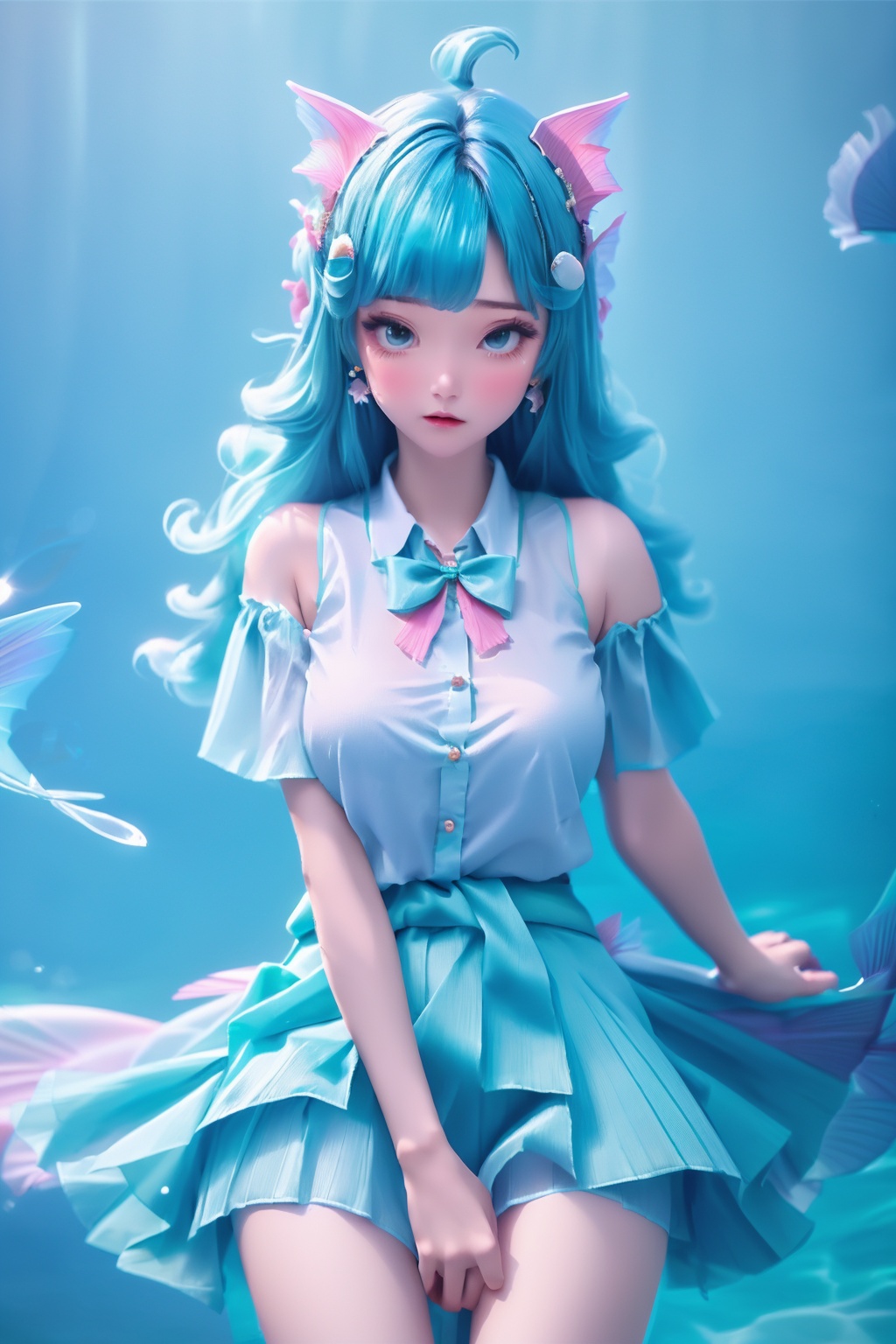 (1girl),smooth chin,masterpiece,detailed face,((hair ornament)),top quality,4k,make up,best quality,alone,single,solo,only one,one character,blush,(body blush),(detached sleeves),earrings,(blue hair),under water,(head fins),long hair,(from below),ocean,(puffy hair:1.13),head wings,frilled skirt,frilled clothes,model,looking at viewer,Cute Women,frilled shirt,bubble skirt,green skirt,full body,(detached shirt),bandeau,blue skirt,((Prayer with both hands)),(Masterpiece), the best quality,((The best hand))