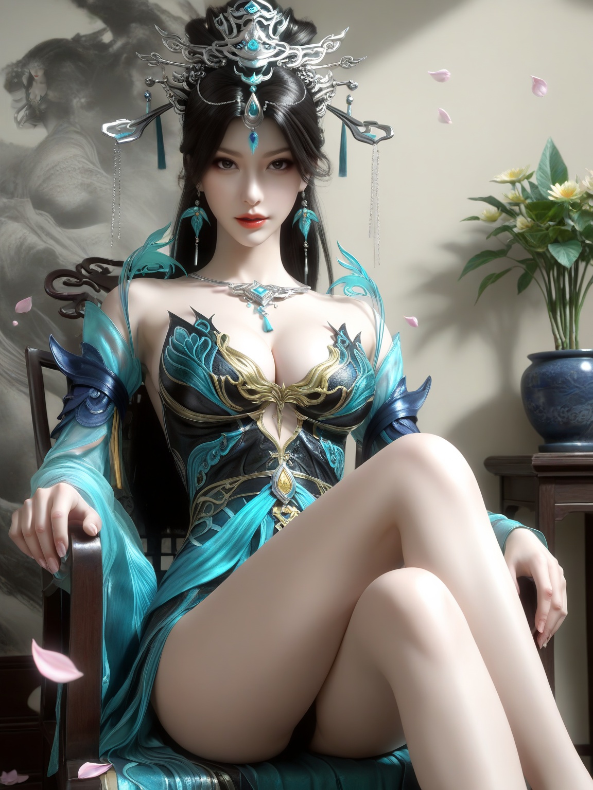masterpiece,ultra-HD,photorealistic,high detail,best quality,8k,best quality,sharp focus,ray-tracing,1girl,breasts,large breasts,long hair,hair ornament,black hair,lipstick,forehead mark,detached sleeves,dress,sitting,chair,bare legs,falling petals,eyelashes,solo,looking at viewer,cleavage,enchanting expression,red lips,Flower Potted Plants,<lora:SF_YanQingFei_ILv4050_Real-000004:0.7>,