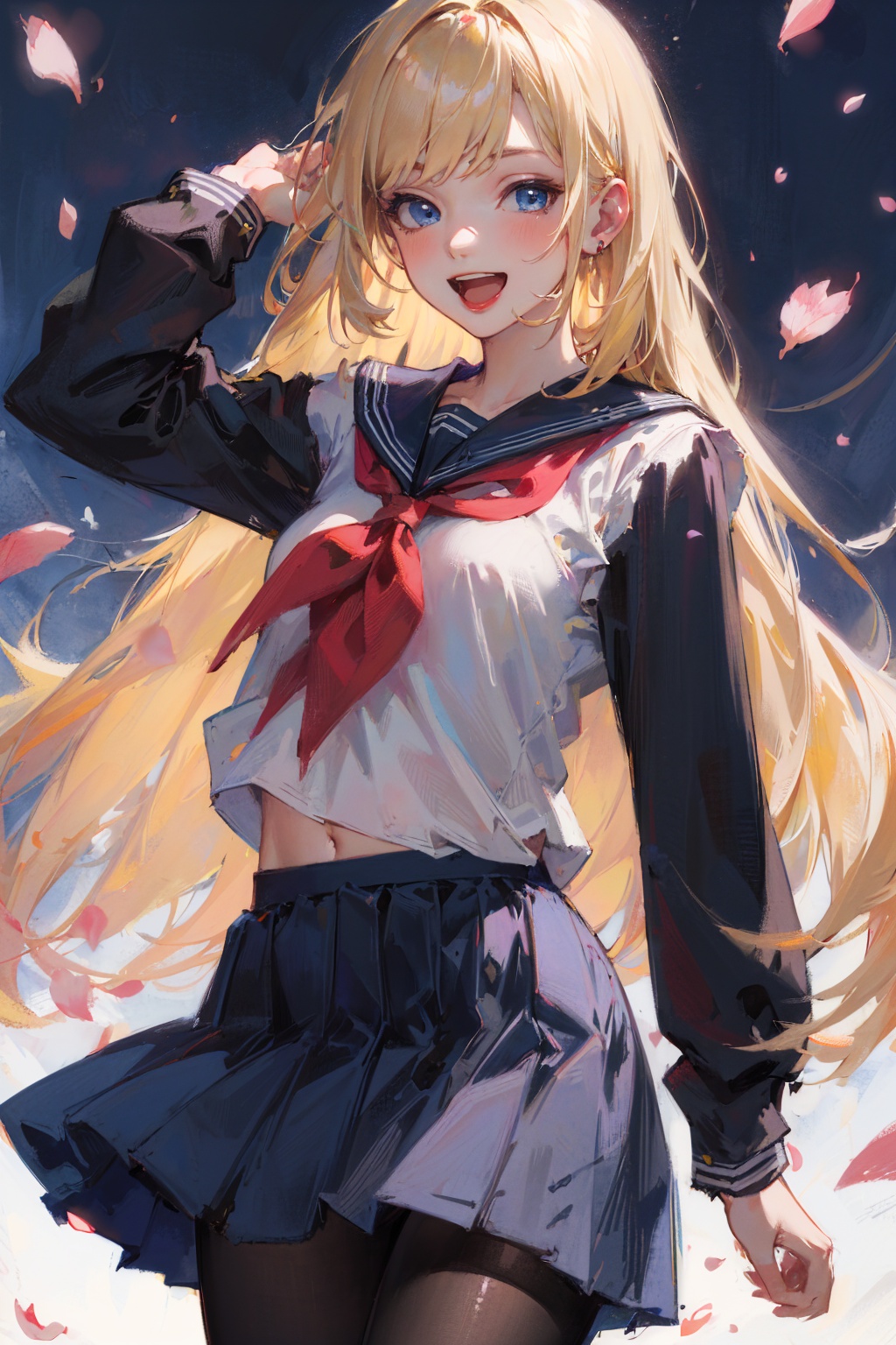 (best quality),((masterpiece)),(highres),illustration,original,extremely detailed,1girl,solo,pantyhose,long hair,solo,school uniform,blonde hairserafuku,skirt,black pantyhose,blue eyes,petals,hime cut,smile,open mouth,very long hair,