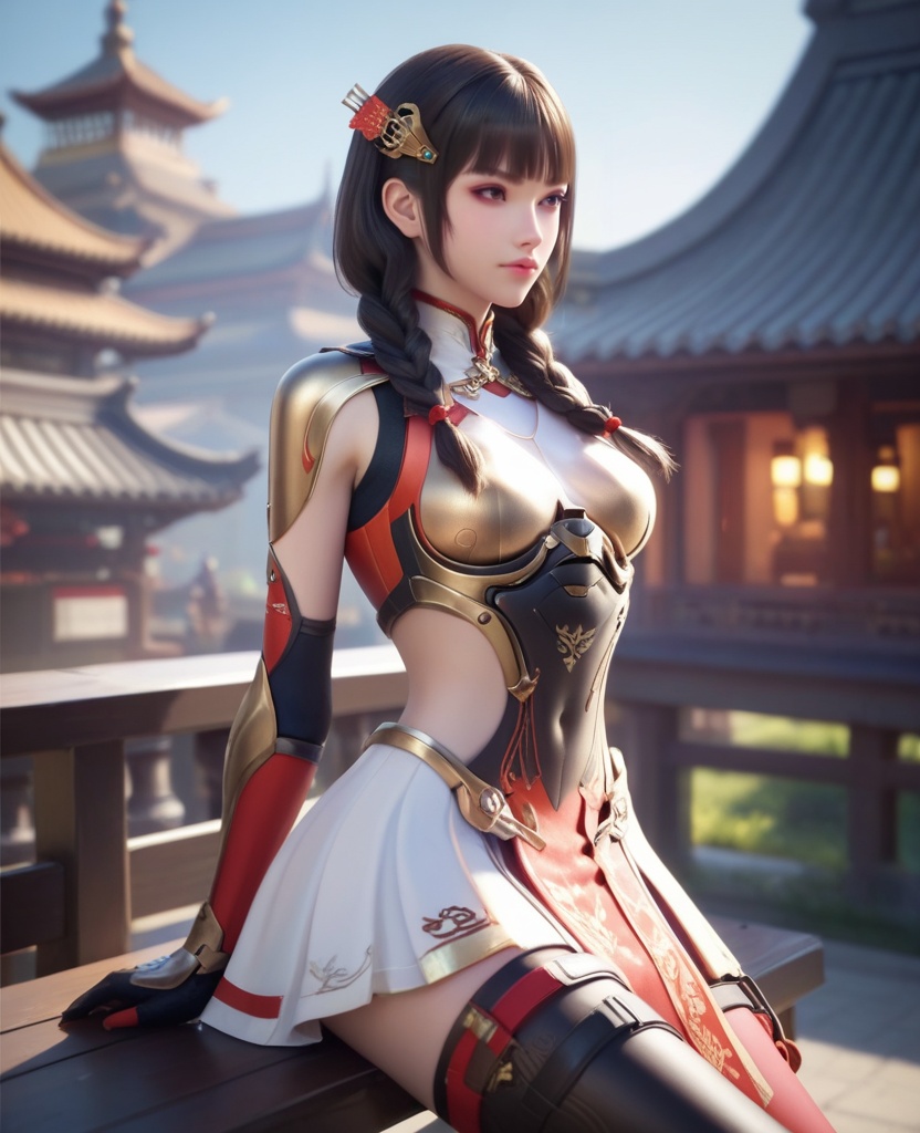 (oriental architecture, elegant decor, sophisticated style:1.1),(Resting on a bench in a busy city, looking tired but content after a long day of exploring,:1.1),(breasts:1.2),<lora:XL16穿越火线乔月:0.95>,miss qiaoyue,kevlar-orange boobplate,brown eyes,blunt bangs,black hair,front braided twin pigtails,hair ornament,pauldrons,arm guards,kevlar-orange abdomen armor panel,asymmetrical thighhighs with volt-orange and black,thigh holster,thigh strap,high heels,white overskirt,, score_9,score_8_up,score_7_up,score_6_up,score_5_up,score_4_up,3d rendering,tag1,tag2, Cinematic Lighting,backlighting,, zPDXL3, zPDXL2,zPDXL, zPDXLxxx, zPDXLrl,