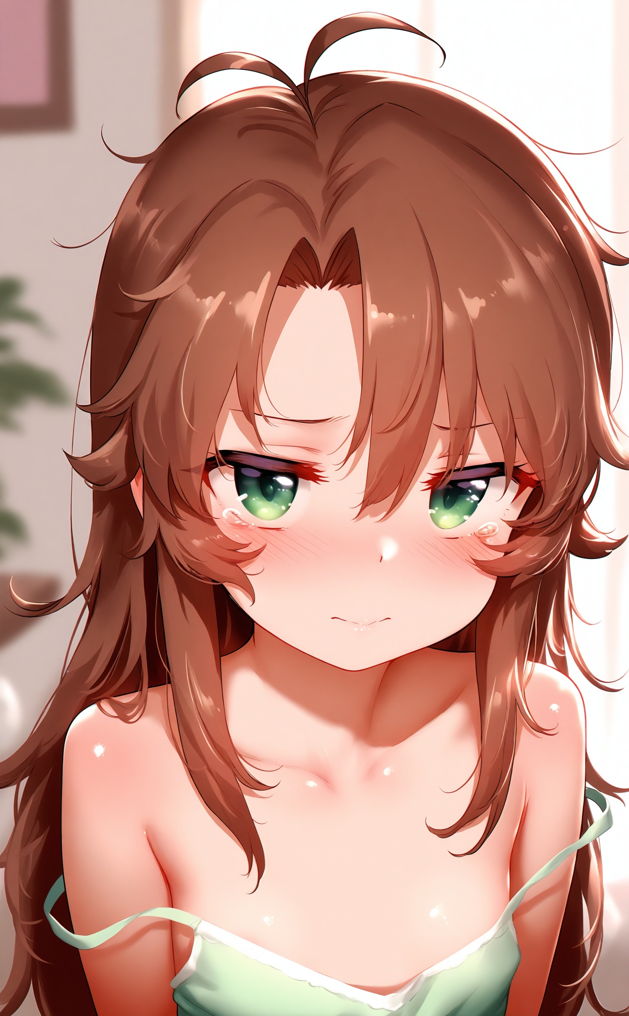 masterpiece,absurdres,best quality,loli,petite,high quality,chromatic_aberration,//,1girl, green_eyes, solo, brown_hair, long_hair, blush, looking_at_viewer, antenna_hair, strap_slip, bare_shoulders, upper_body, blurry, blurry_background, closed_mouth, tears, collarbone, hair_between_eyes, indoors, camisole, flat_chest, messy_hair, shiny_skin, tearing_up//,<lora:nai4zhengliu2——【noob】hans:0.88>,