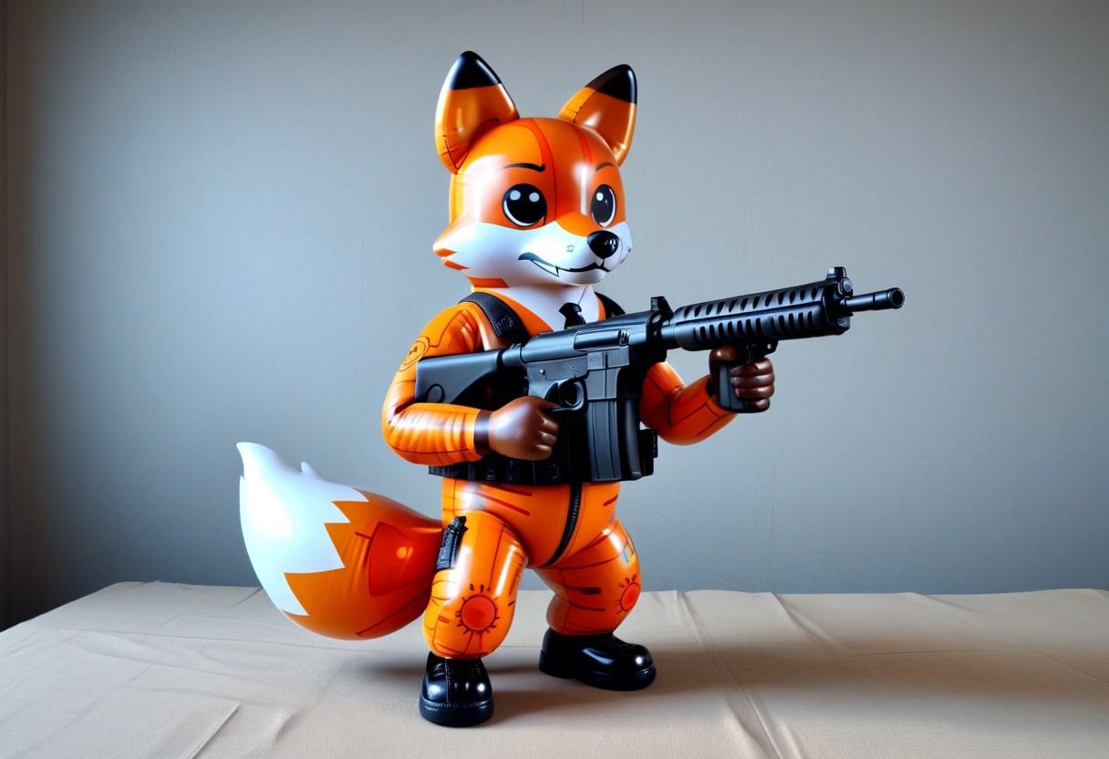 latex inflatable fox, robbing a bank with a gun