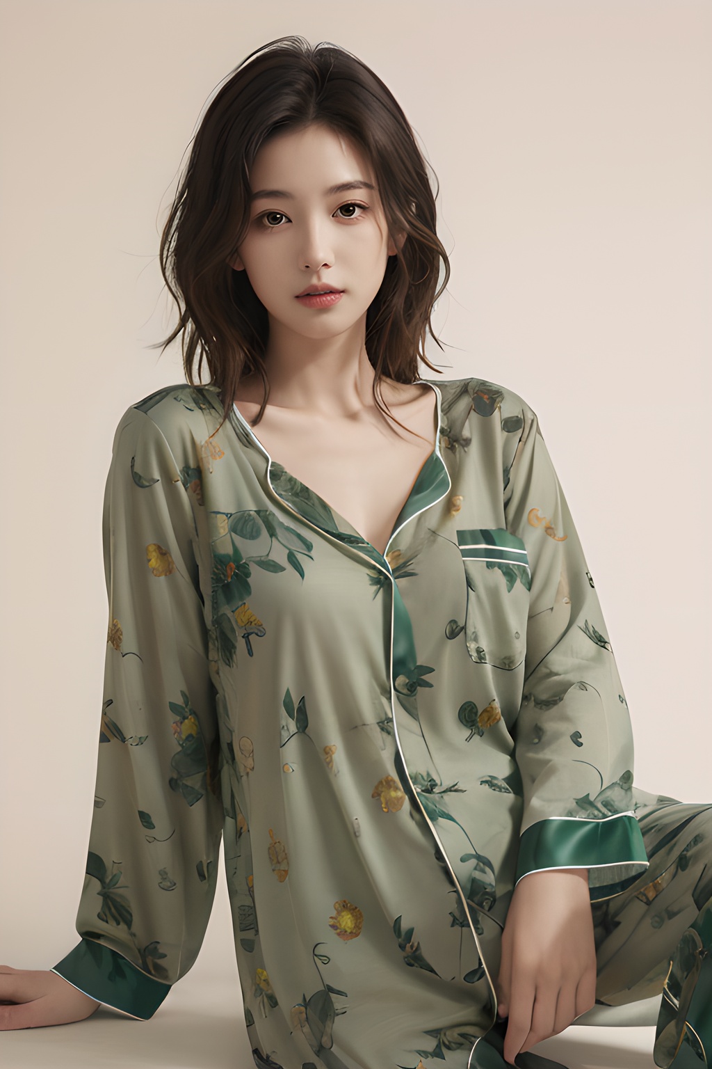<lora:0818_07:0.7>,simple background,green_print_pajamas,, 1girl,realistic,masterpiece, best quality, photorealistic, HDR,detail