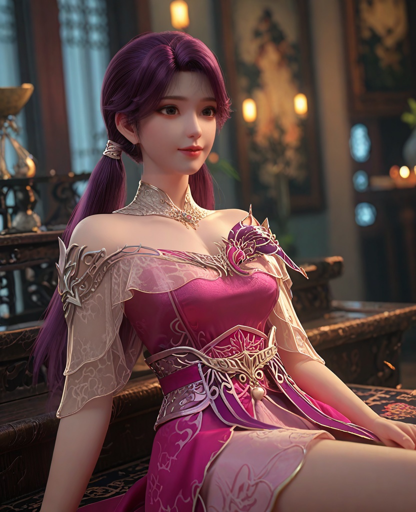 (oriental architecture, elegant decor, sophisticated style:1.1),(Sitting on a bench with legs crossed, smiling,:1.1),(breasts:1.2),<lora:XL百炼成神罗嫣:0.95>,miss luoyan,long hair,purple hair,dress,low twintails,twintails,detached collar,bare shoulders,lips,jewelry,pink dress,eyelashes,teeth,, zPDXL2, score_9, score_8_up, score_7_up BREAK realistic, masterpiece,best quality, highly detailed,, zPDXL3, zPDXL2,zPDXL, zPDXLxxx, zPDXLrl,