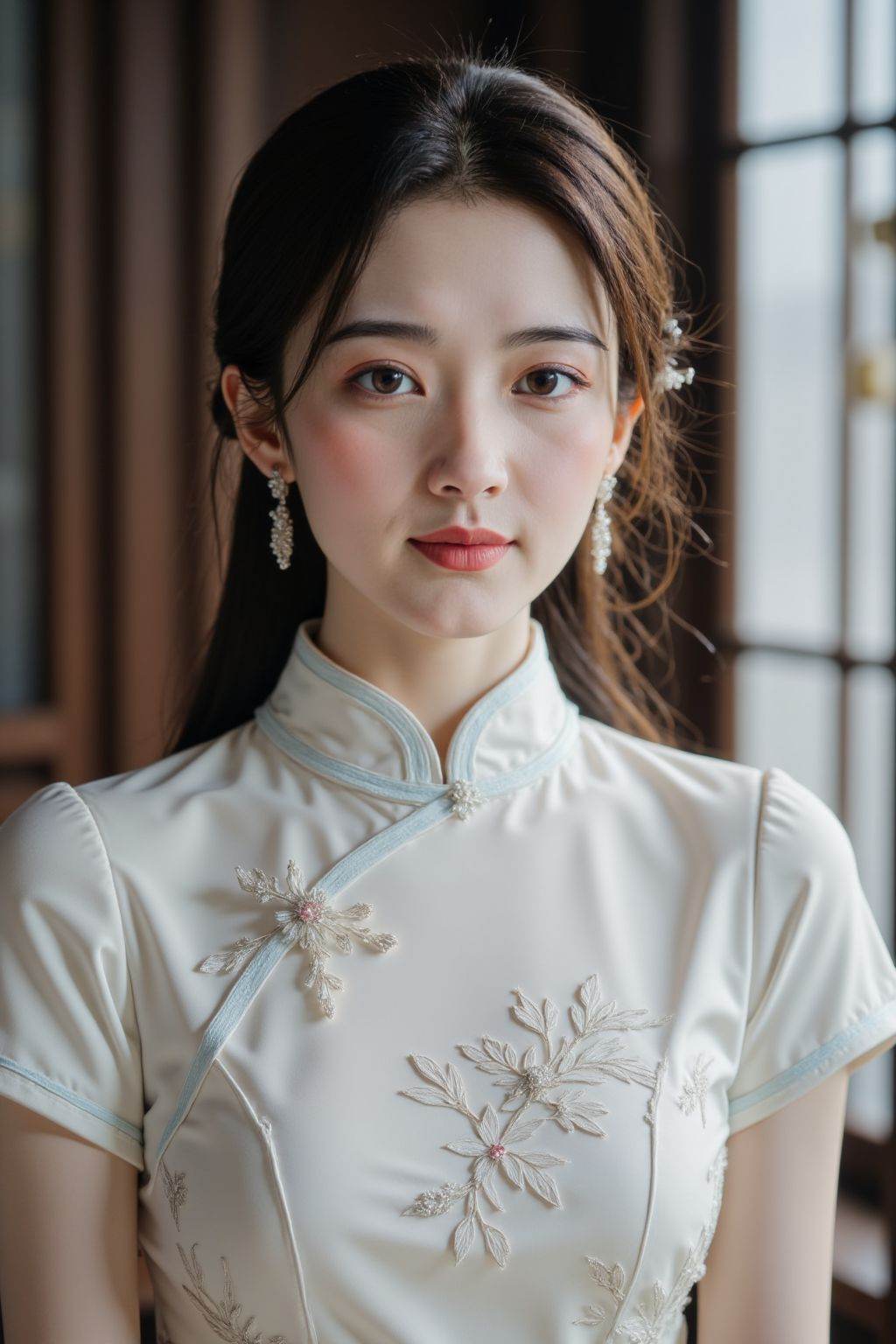 HDR photo of cinematic film still 1girl, solo, breasts, looking at viewer, brown hair, black hair, dress, brown eyes, jewelry, upper body, short sleeves, earrings, parted lips, indoors, white dress, lips, window, chinese clothes, china dress, realistic, white cheongsam, cheongsam, . shallow depth of field, vignette, highly detailed, high budget, bokeh, cinemascope, moody, epic, gorgeous, film grain, grainy . High dynamic range, vivid, rich details, clear shadows and highlights, realistic, intense, enhanced contrast, highly detailed