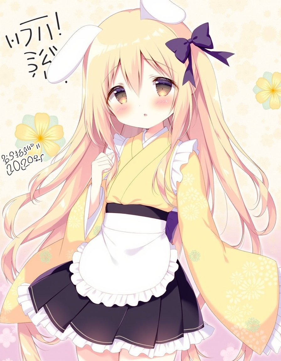 shiratama_(shiratamaco), commentary_request, highres, translation_request, 1girl, 2023, animal_ears, apron, black_skirt, blonde_hair, bow, brown_eyes, chinese_zodiac, floral_background, floral_print, frilled_apron, frilled_skirt, frills, hair_between_eyes, hair_bow, hand_up, japanese_clothes, kimono, long_hair, long_sleeves, looking_at_viewer, one_side_up, pleated_skirt, print_kimono, purple_bow, rabbit_ears, skirt, solo, very_long_hair, white_apron, wide_sleeves, year_of_the_rabbit, yellow_kimono, momose_mitsuki, amairo_chocolata, year_2023,, <lora:flux-Shiratamaco-000008:1>