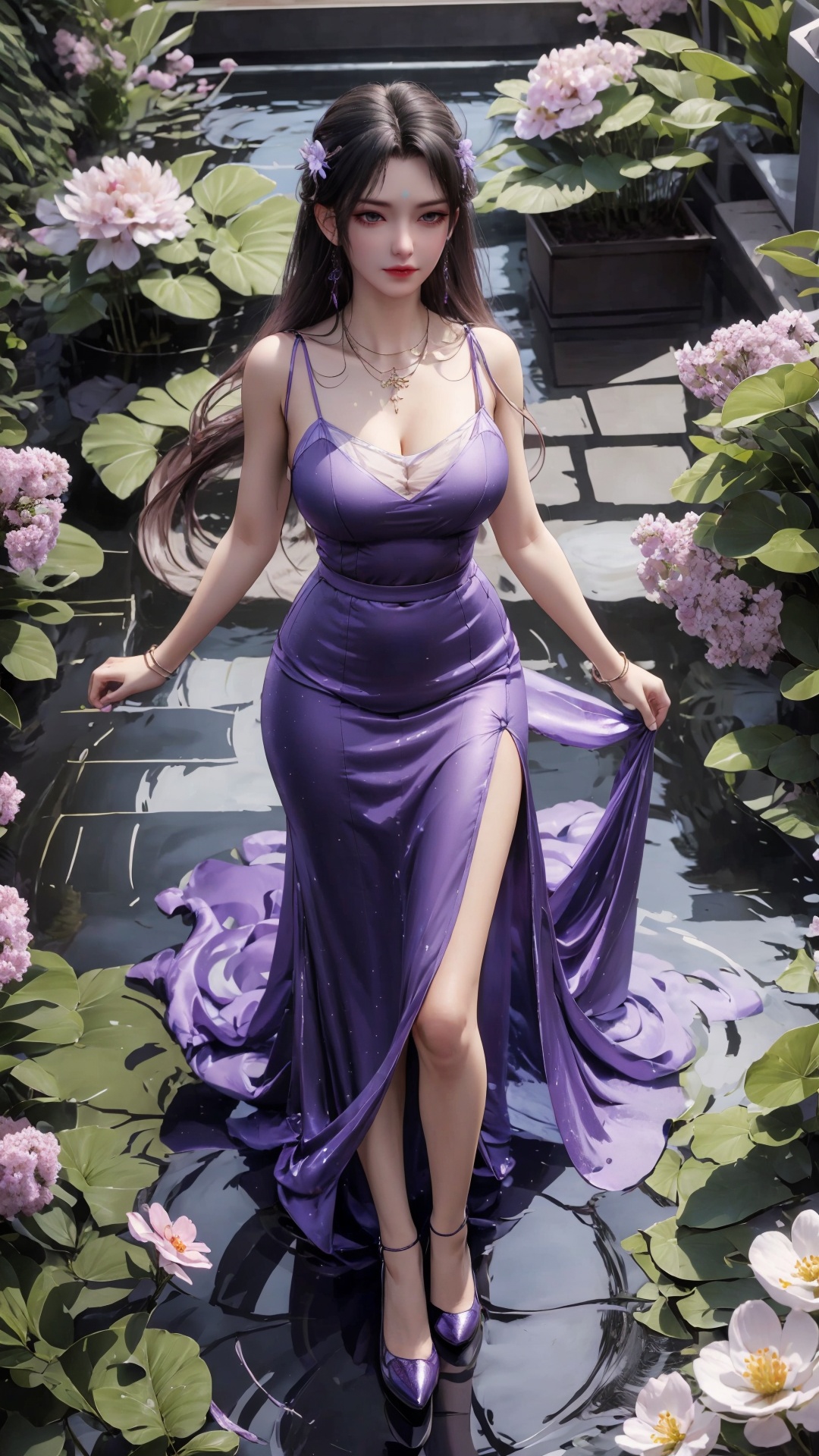 a girl,<lora:hmai_20240410212515:0.8>,purple skirt,full body,dream garden,maxi dress,