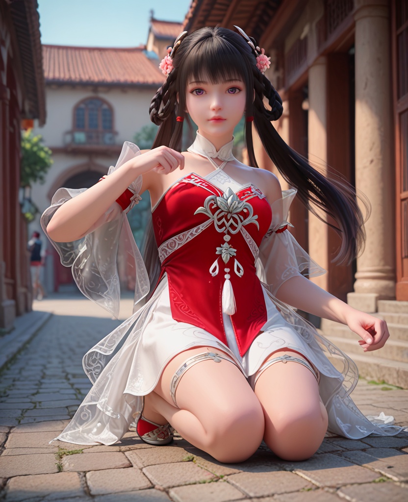 (oriental architecture, elegant decor, sophisticated style:1.1),Dynamic Landing: One knee on the ground, fist pressed against the ground after a powerful landing,,(breasts:1.2),<lora:XL完美世界少女火灵儿:0.9>,miss huolinger,solo,red corset with white minidress underneath,see-through fart curtain,see-through sleeves,purple eyes,bangs,hair rings,hair flower,black hair,long hair,hanging hair,twintails,tassel,, zPDXL2, score_9, score_8_up, score_7_up BREAK realistic, masterpiece,best quality, highly detailed,, zPDXL3, zPDXL2,zPDXL, zPDXLxxx, zPDXLrl,