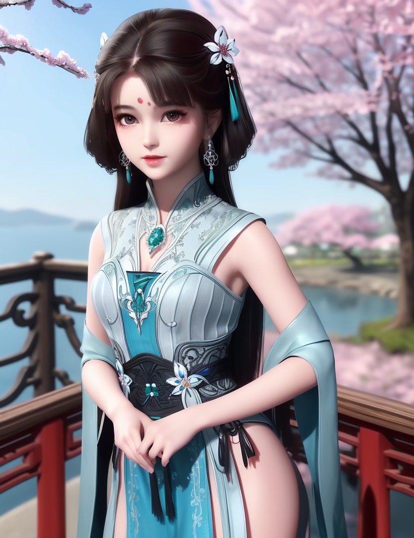 ultra realistic 8k cg, picture-perfect face, flawless, clean, masterpiece, professional artwork, famous artwork, cinematic lighting, cinematic bloom, perfect face, beautiful face, fantasy, dreamlike, unreal, science fiction,  beautiful clothes, lace, lace trim, lace-trimmed legwear,  (rich:1.4), prestige, luxury, jewelry, diamond, gold, pearl, gem, sapphire, ruby, emerald, intricate detail, delicate pattern, charming, alluring, seductive, erotic, enchanting, hair ornament, necklace, earrings, bracelet, armlet,halo((,1girl, ,))(((,teenage, cherry blossoms, 1girl, tree, spring_\(season\), solo, black_hair,chinese clothes,looking at viewer, upper body, ))) <lora:DA_LanLingEr:0.6>