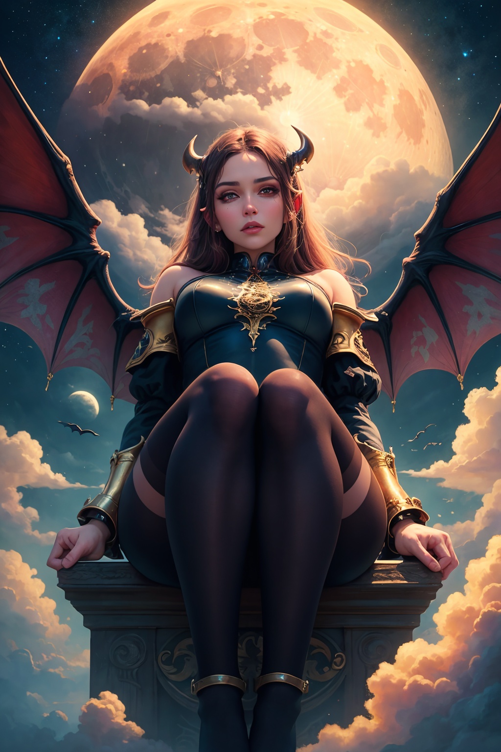 ((best quality)), ((masterpiece)), (detailed), succubus, ethereal beauty, perched on a cloud, (fantasy illustration:1.3), enchanting gaze, leotard, pantyhose, stockings, bodysuit, captivating pose, delicate wings, otherworldly charm, mystical sky, large moon, moonlit night, soft colors, (detailed cloudscape:1.3), (high-resolution:1.2), from below, (rating_explicit), (score_9, score_8_up, score_7_up, score_6_up, score_5_up, score_4_up, high res, 4k)