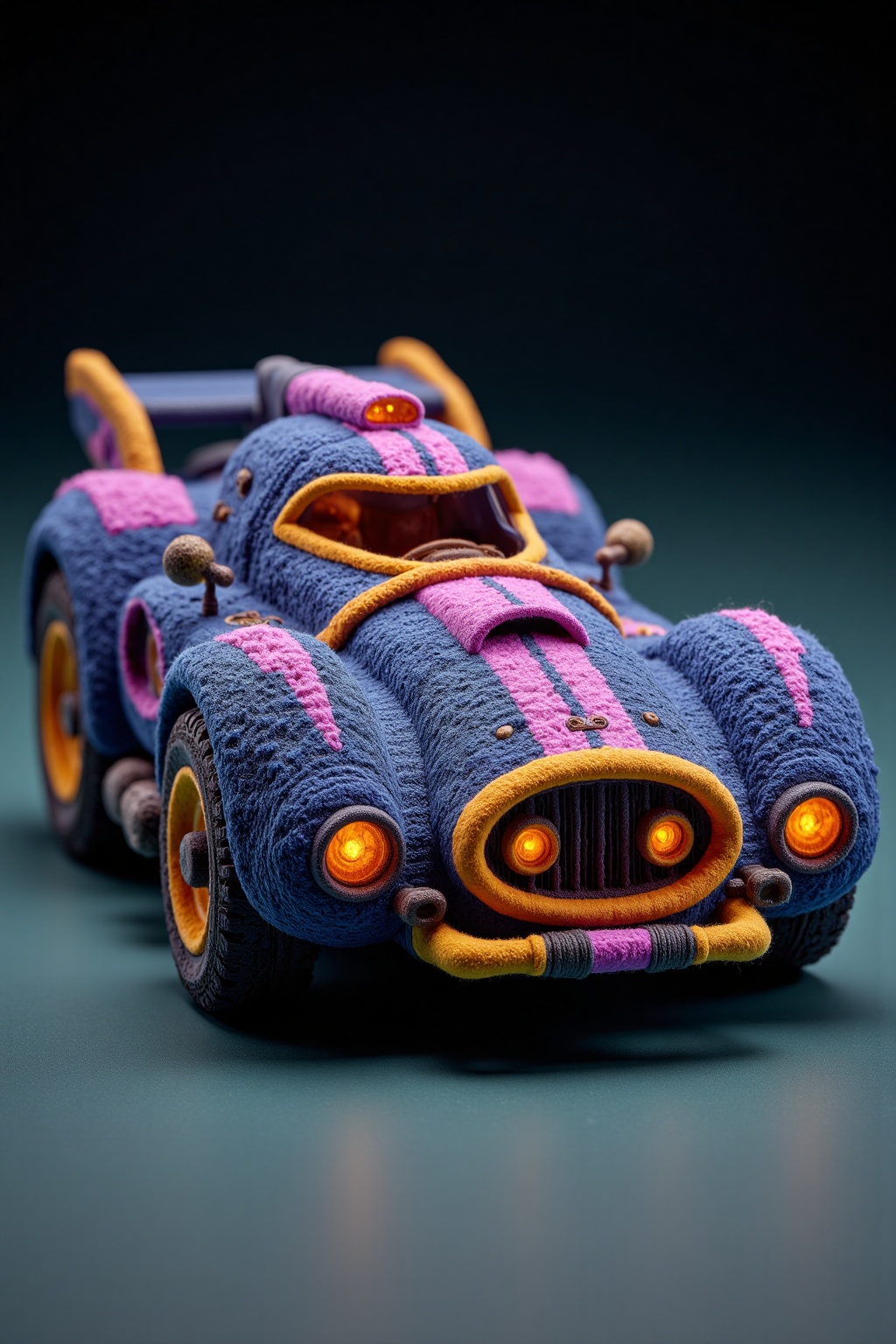 beijihui,Captured at eye-level on a gray surface,a toy sports car made from a soft,fuzzy fabric. The car is a vibrant shade of purple,with a yellow stripe running down the center of the car's body. It has a black grille in the front,and a black bumper with a black grill. There are three orange circles on the front of the vehicle,each with a small orange circle on the left side. The front wheel of the toy car is visible,and the rear wheel is visible on the right side of the frame. The toy car has a pink stripe running across the top of the body,while the front wheel is also visible. The background is a solid black,providing a stark contrast to the toy.,