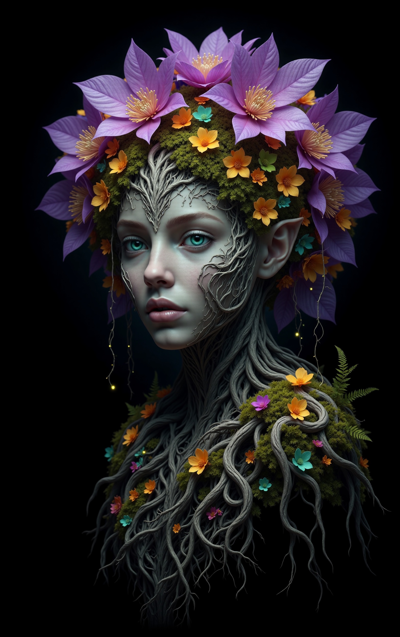 Medium shot of an ethereal gray-skinned cosmic dryad looking half-aside while floating gracefully in front of simple black...