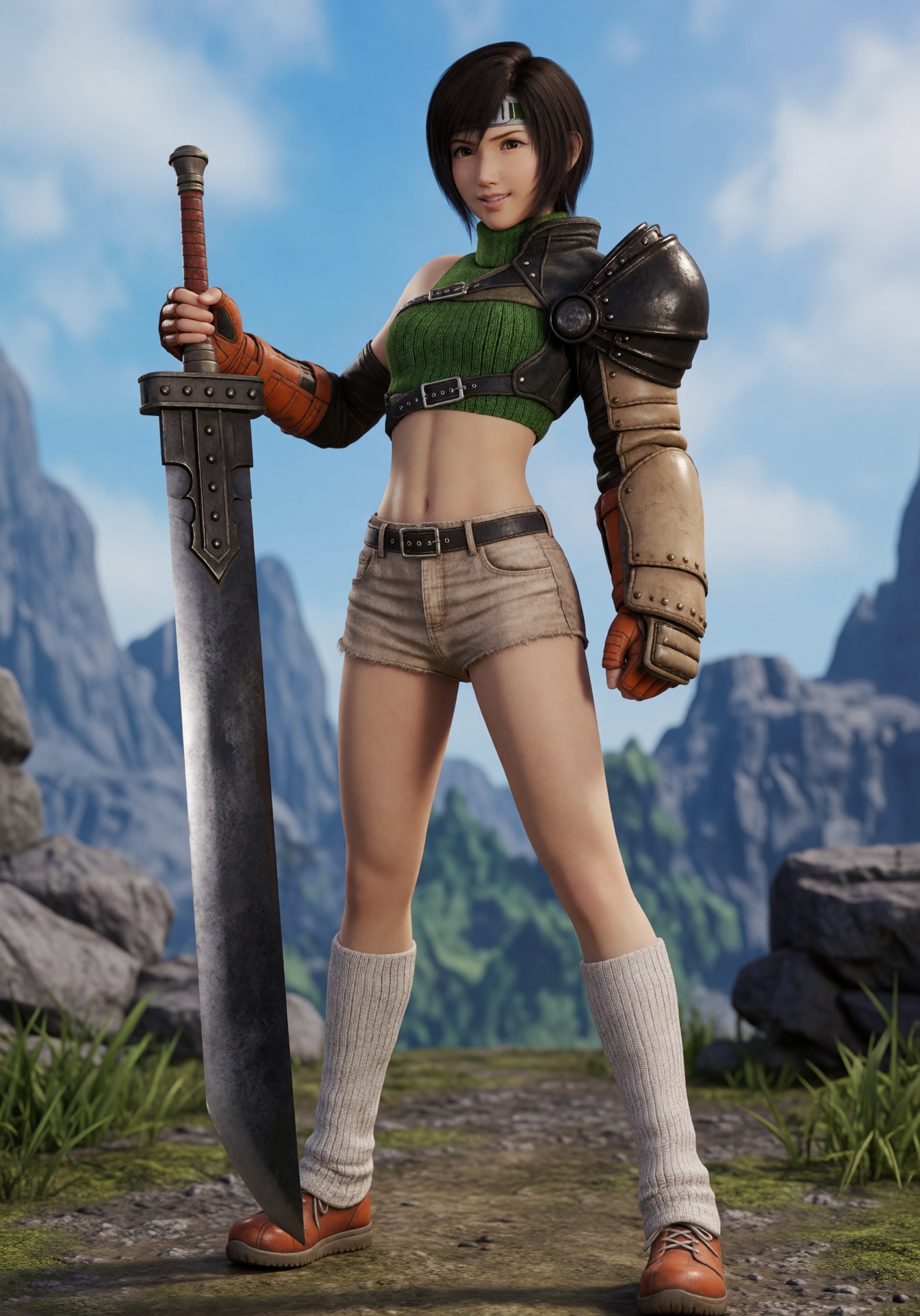 a still image of yuffie7,  she is a young woman with short dark hair,  She is wearing a green crop top on Tensor.Art