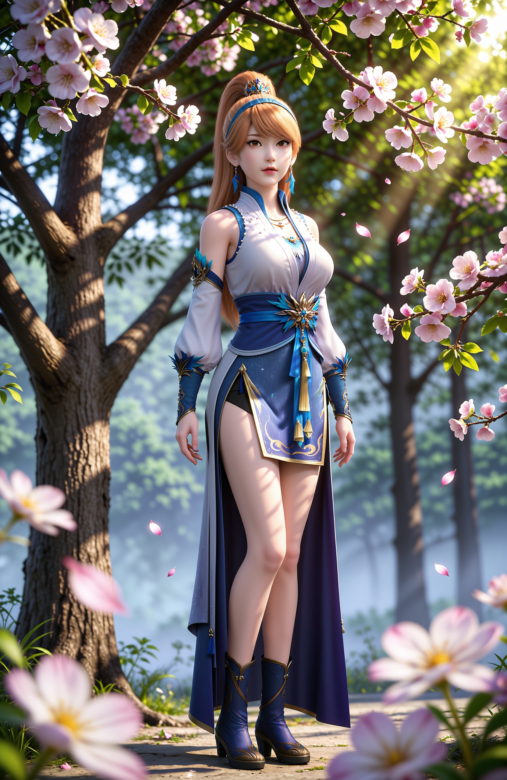 masterpiece,best quality,amazing quality,very aesthetic,high resolution,ultra-detailed,absurdres,scenery,photorealistic,looking at viewer,moody lighting,realistic,photorealistic details,falling petals,cherry blossoms, <lora:妖神记-肖凝儿Pony-v2:0.7> 1girl, long hair, ponytail, blue hairband, brown hair, brown eyes, hair ornament, necklace, detached sleeves,chinese clothes,, sash,high heel boots, 1girl, solo, tree, branch, sunlight, outdoors, looking at viewer, blurry,  standing, blurry foreground,sun light,Tyndall,cherry blossom,