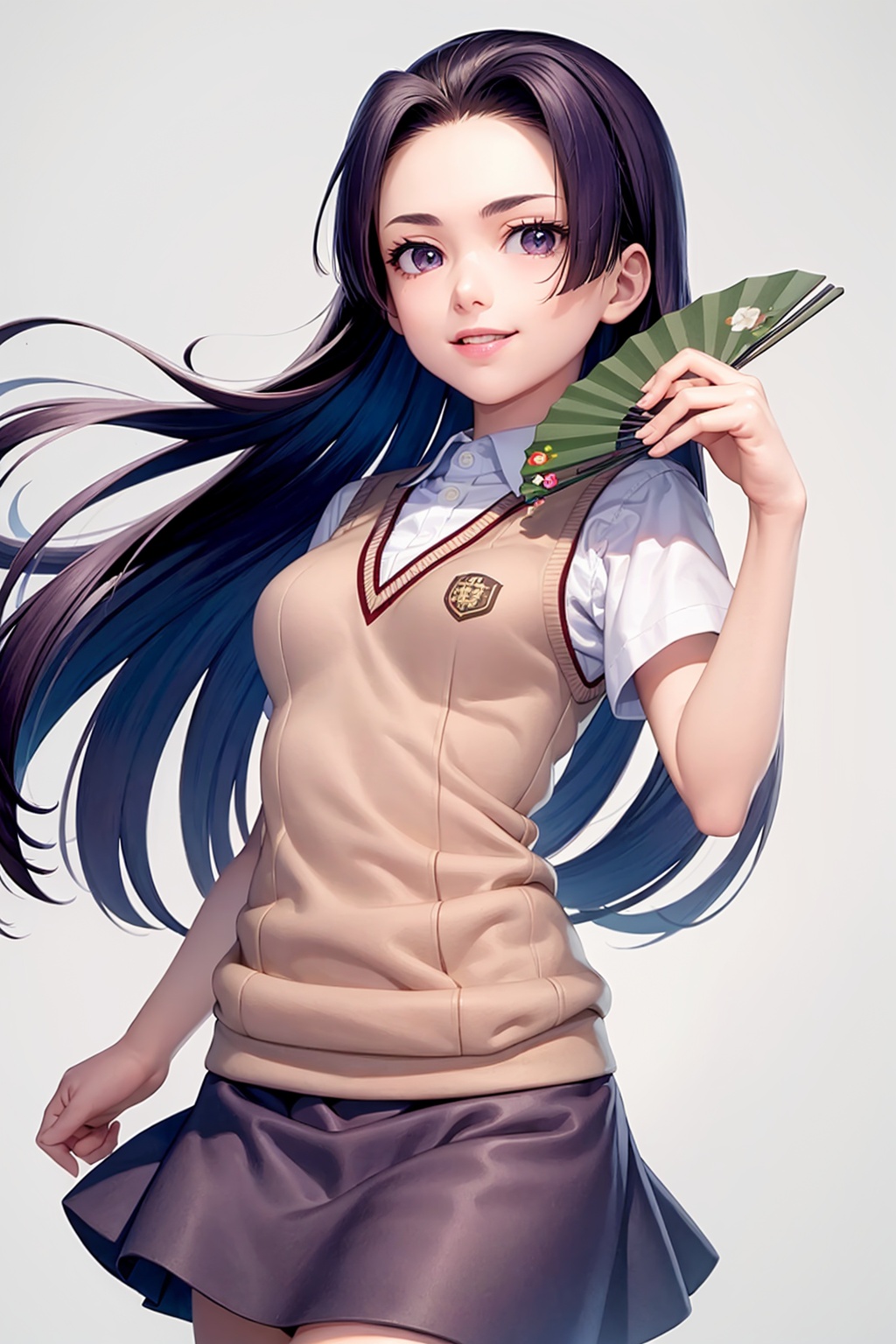 masterpiece, best quality,  <lora:kongoumitsuko:1>,1girl, solo,purple hair,long hair, purple eyes,  tokiwadai school uniform, sweater vest,skirt,hand fan,  folding fan, paper fan,cowboy shot, grey background, smile,