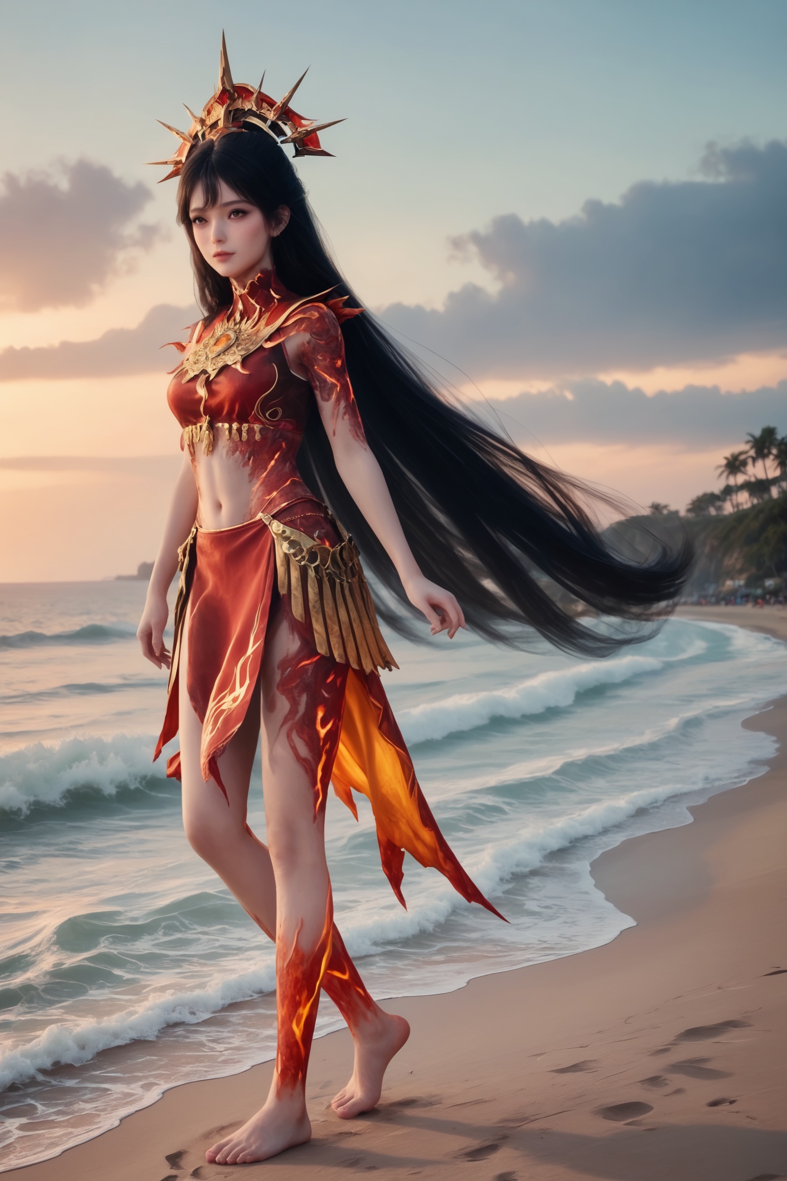 realistic style photo outstanding style,tall,cute,in her teens. Use soft lighting to cast gentle shadows on the subject,adding a touch of dimension to your images without compromising details,score_9,score_8_up,score_7_up,Seaside,beach,waves,full body,<lora:牧神记-炎晶晶Pony:0.6>,long,flowing dark hair,large,ornate headdress,a minimalistic,fiery red outfit,a fiery red design,flames,sleeveless top,high collar,draped skirt.,
