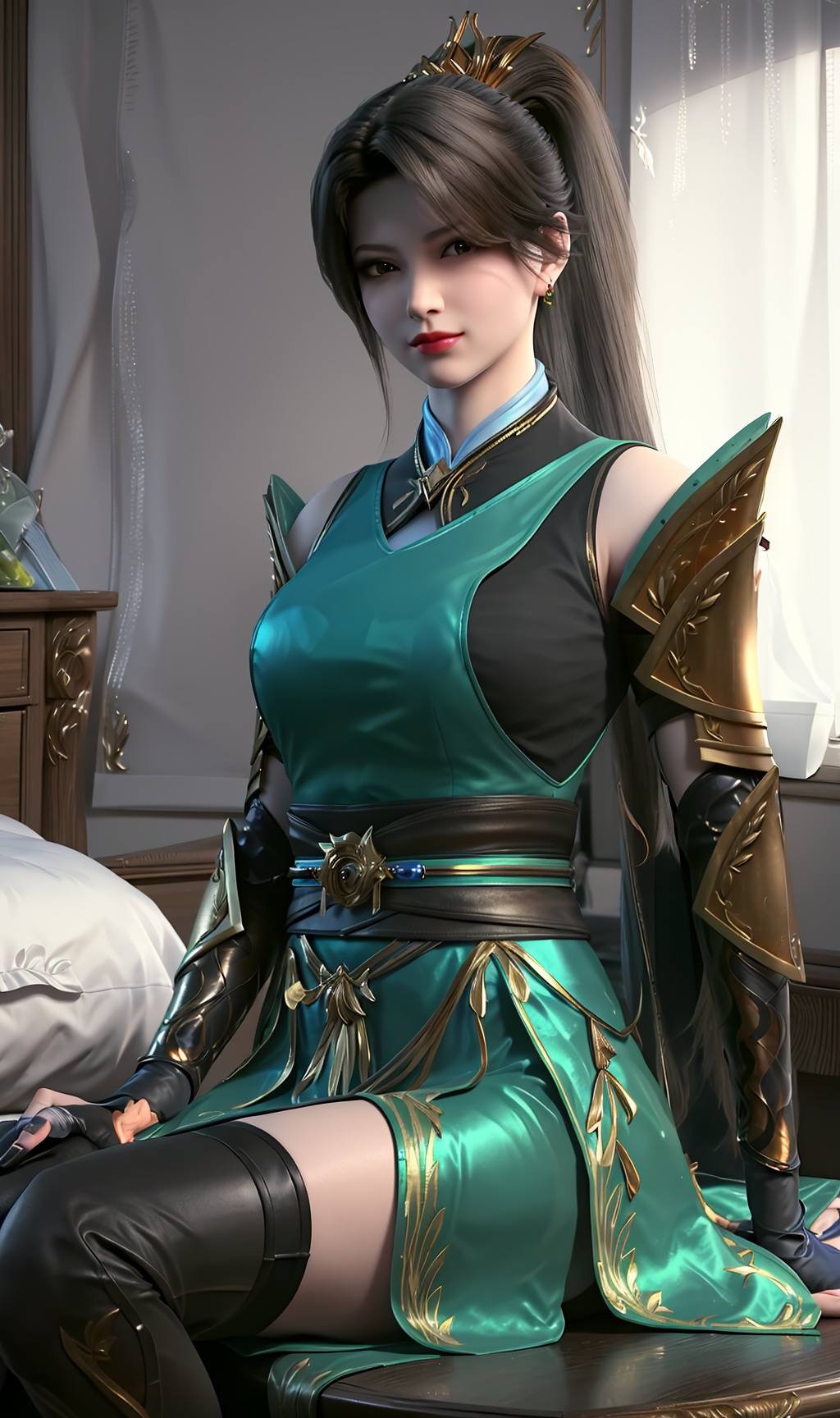 3D,masterpiece,(best quality),(makeup),official art, extremely detailed cg 8k wallpaper,((crystalstexture skin)), (extremely delicate and beautiful),(highly detailed),(face),(ponytail),(tiara),(gold_trim),(collar),(1girl), (solo), (jewelry), (earrings),(black_hair),(long_hair),(hair_ornament),(handwear),(wristband),(breast),(gloves),((sitting)),((upper_body)),(dress),(long_skirt),(shorts_under_skirt),(chinese_clothes),(multicolored_clothes),(multicolored_dress),(thighhighs),(shiny_clothes),(arm_guards),(long_legs),(sash),(armored_dress),(capelet),(closed_mouth),(outroom,bed),((looking_at_viewer)),((Facing the camera)),, <lora:hipoly3DModelLora_v10:0.3> 