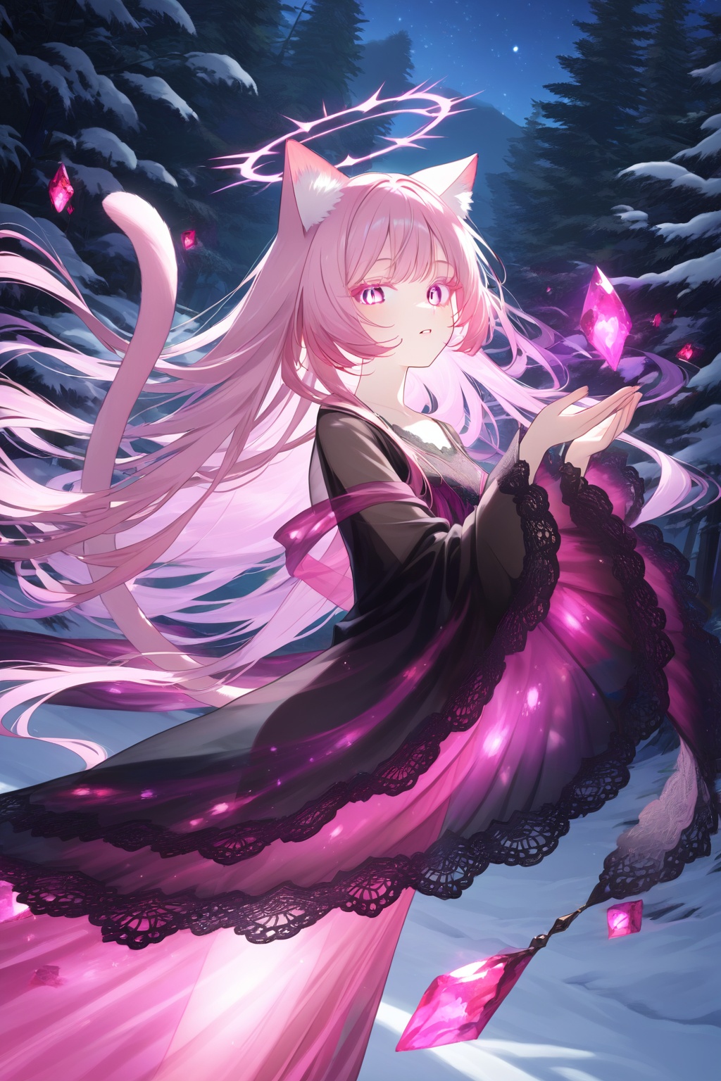 bioluminescence, 1girl, collarbone, looking at viewer, long eyelashes, colored eyelashes, crystal, fantasy, forest, glowing, nature, outdoors, scenery, tree, night, night sky, snow, from side, long hair, floating hair, see-through clothes, see-through body, parted lips, mascara, halo, cat ears,animal ear fluff, cat tail,cat girl,lace, wide sleeves,dynamic angle,dynamic pose,Dynamic hair