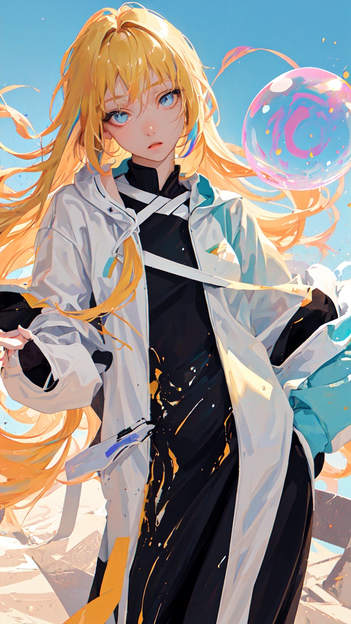 (masterpiece), (best quality), (ultra detailed),(disheveled hair),(illustration), (1girl), (Fashionable clothing), standing,Fashion model,looking at viewer, (interview), (simple background),beautiful detailed eyes,delicate beautiful face,Floating,(high saturation),(colorful splashes),colorful bubble,(shining),focus on face,(realistic:1.2)