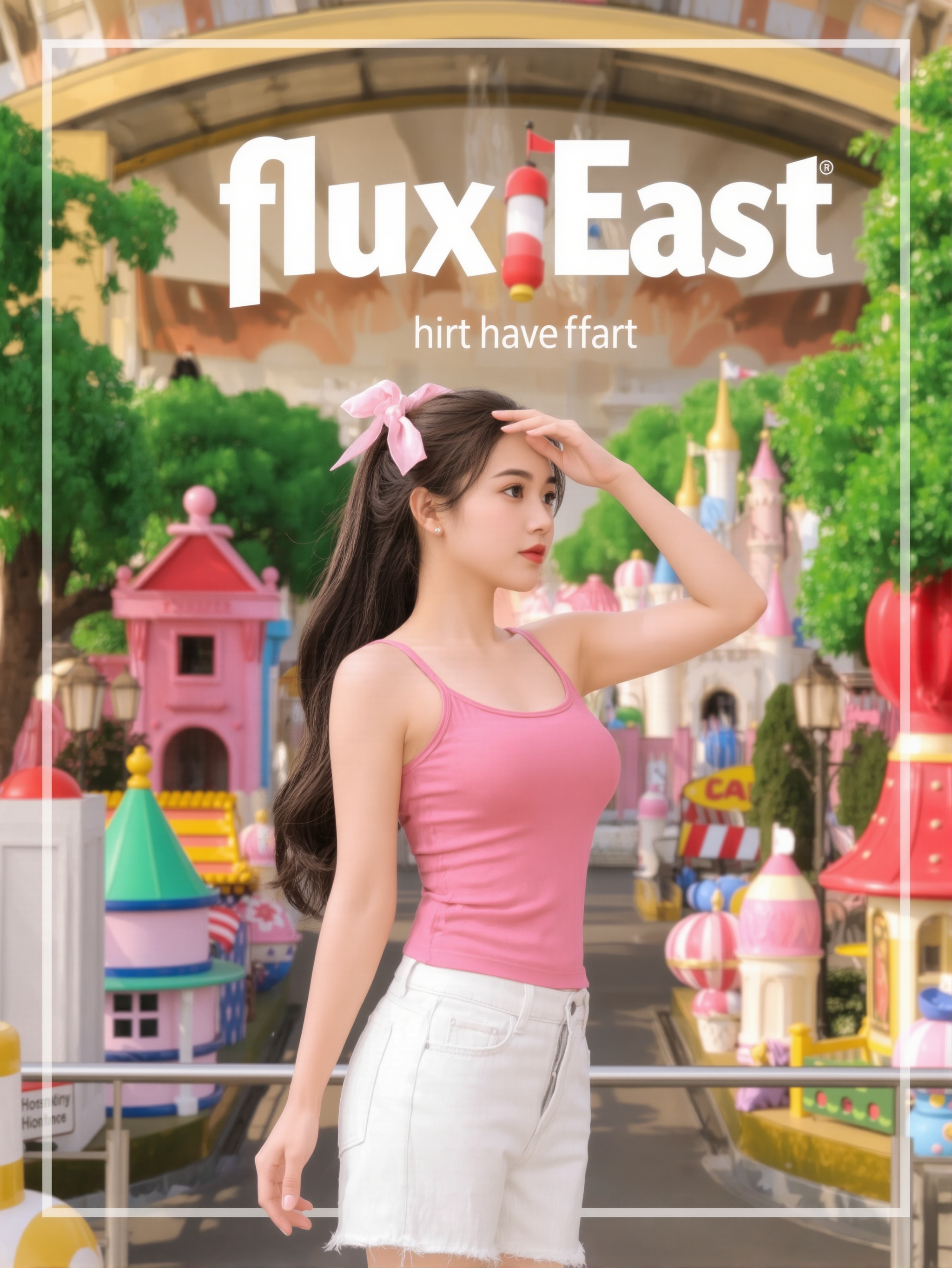 This is a highly clear and cartoon-style image. In the picture,there is a young female wearing a pink **** top and white denim shorts,with her hair tied up in a ponytail and adorned with a pink bow hair accessory. She is looking into the distance,with one hand placed on her forehead as if shielding the sunlight. The background features a whimsical amusement park filled with various colorful cartoon buildings and decorations,such as castles,trees,and street lamps.,There is a prominent artistic font above the picture,which reads' fluxEast 'in English,