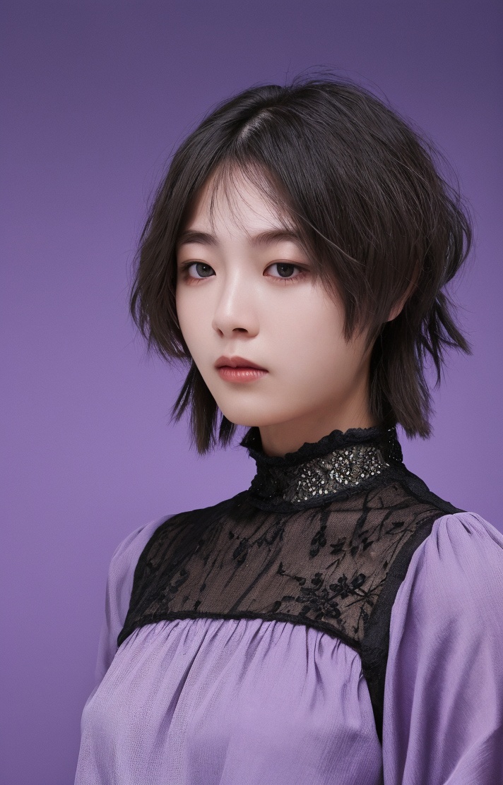1girl,hair with bangs,black long dress,purple background,