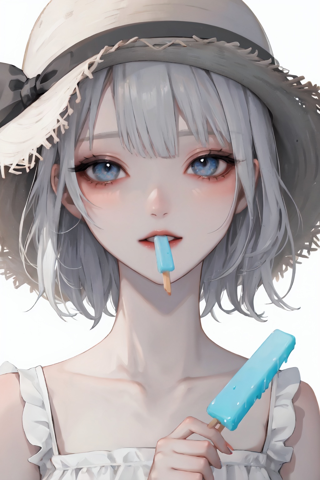 1girl,solo,hat,food,blue eyes,popsicle,looking at viewer,collarbone,short hair,white background,straw hat,holding,frills,white bow,nail polish,bow,grey hair,holding food,simple background,portrait,ribbon,bangs,eyelashes,bare shoulders,white ribbon,hat bow,sleeveless,white hair,hat ribbon,ct-style,beautiful eyes,