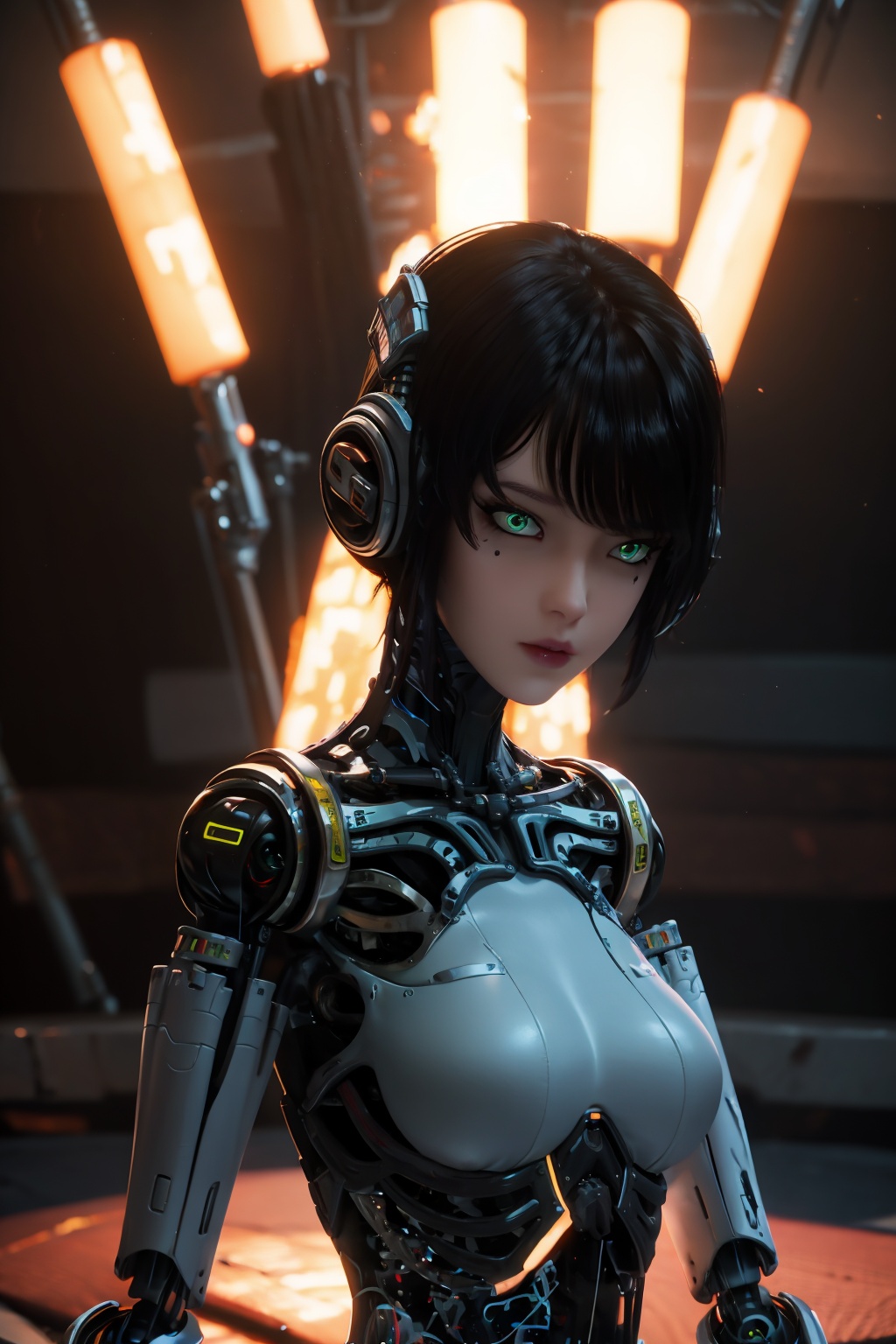ash,1girl,green eyes,android,black hair,looking at viewer,robot joints,solo,breasts,mechanical parts,short hair,joints,cyborg,blurry background,lips,medium breasts,science fiction,cyberpunk,bangs,cable,depth of field,upper body,desolate,ruins,war,smoke,apocalypse
