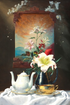 aliekexie,masterpiece,best quality,<lora:阿列克谢·安东诺夫:0.8>,(no_humans:1.2),a painting of a tea pot and a plate with a strawberry and a cup on it with a cloth,highly detailed oil painting,a photorealistic painting,art informel,flower,star_\(sky\),lily_\(flower\),starry_sky,white_flower,bouquet,white_dress,
