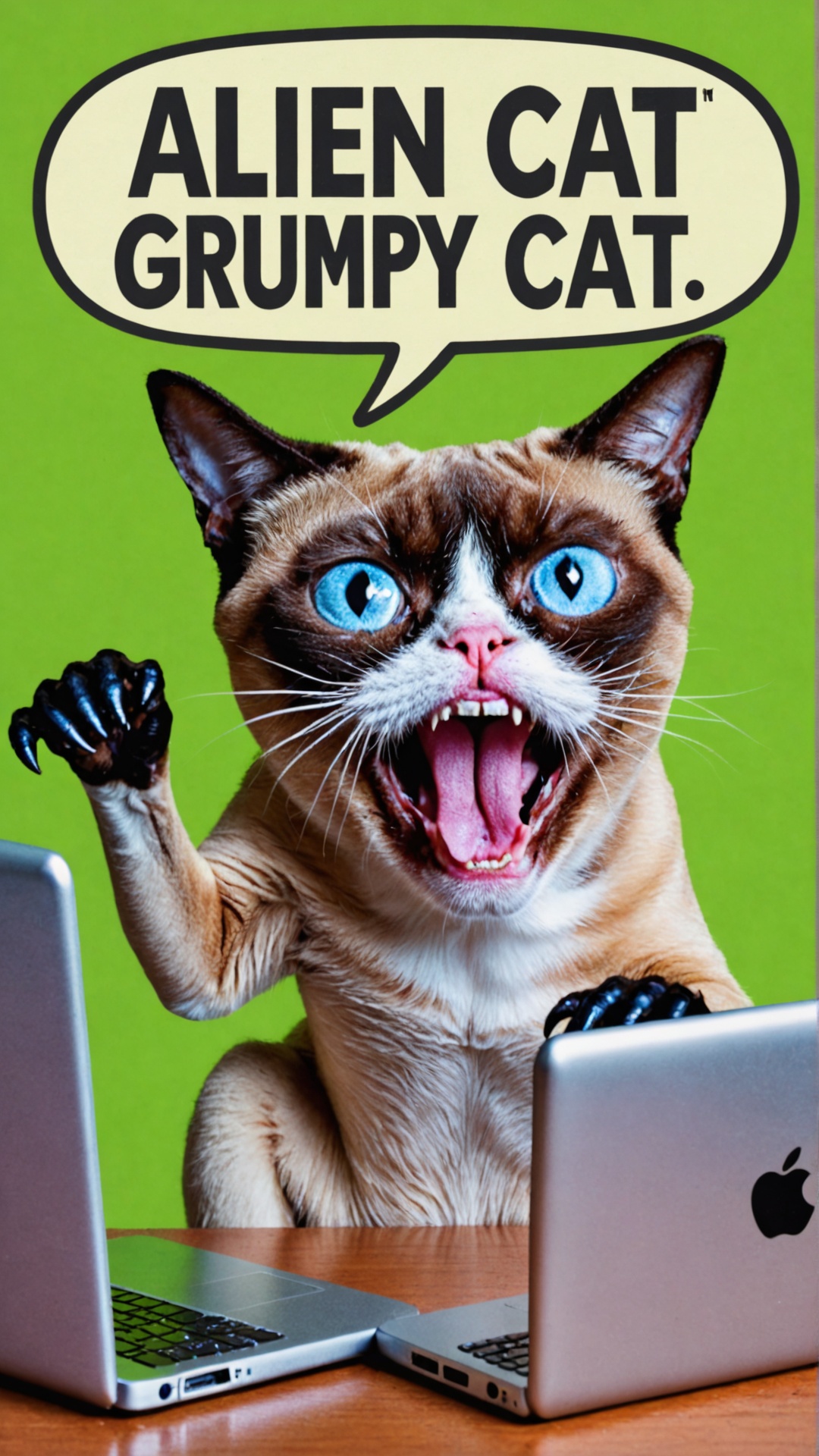 Photo doodle of Alien yelling at computer with a text bubble that says "Alien GRUMPY CAT" MEMES on Tensor.Art