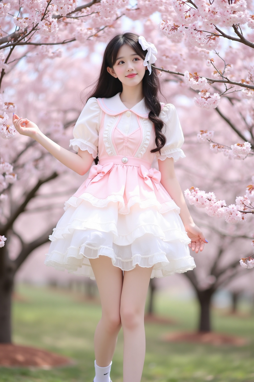 Lolita,This is a high-resolution photo of an Asian woman posing in front of a background of blooming cherry blossoms, creating a soft pink and white color scheme. She is wearing an imaginative flounced white and pale pink short-sleeved dress with a wide flounced skirt. The outfit is adorned with delicate lace and pink bows, adding a touch of sweetness to her attire. She is wearing black Mary Jane shoes and white socks, with a white bow on the left side. Her long dark hair hangs down her back, decorated with a larger white bow on the right, creating a playful contrast with her clothing.She stands straight with a calm expression, a slight smile at the corners of her mouth, and her eyes looking upward. The background features cherry blossoms, lush branches, creating a serene and ethereal atmosphere. The entire scene is vibrant and dreamlike, evoking the essence of spring and exquisite beauty.
