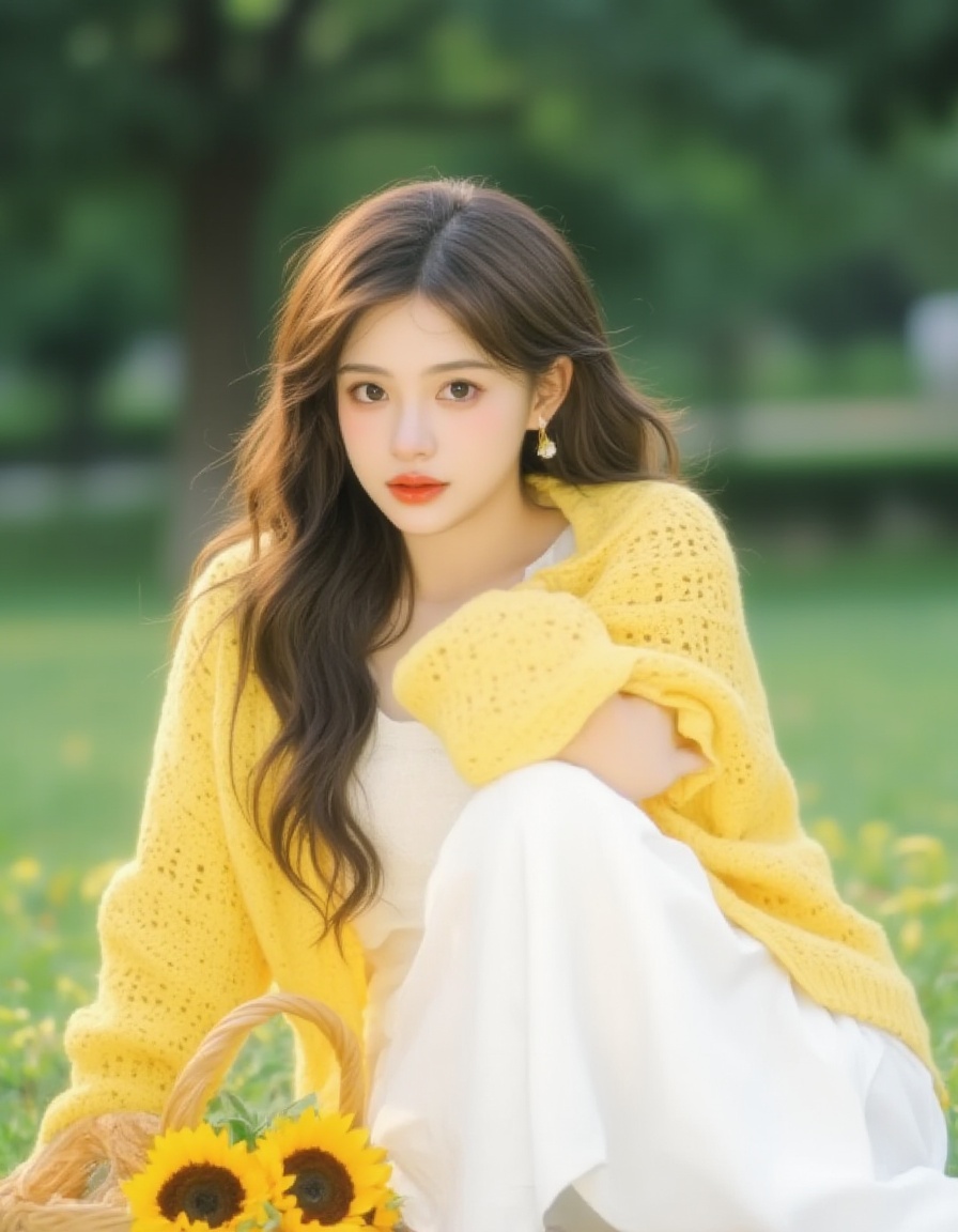 <lora:发丝发光:1>，The image is a portrait of a young woman sitting on a grassy field with a basket of sunflowers in front of her. She is wearing a white dress with a yellow shawl draped over her shoulders. Her long dark hair is styled in loose waves and she is looking directly at the camera with a serious expression. The background is blurred, but it appears to be a park or garden with trees and greenery. The overall mood of the image is peaceful and serene.The light came from behind her, through her hair, and it looked as if it was glowing.