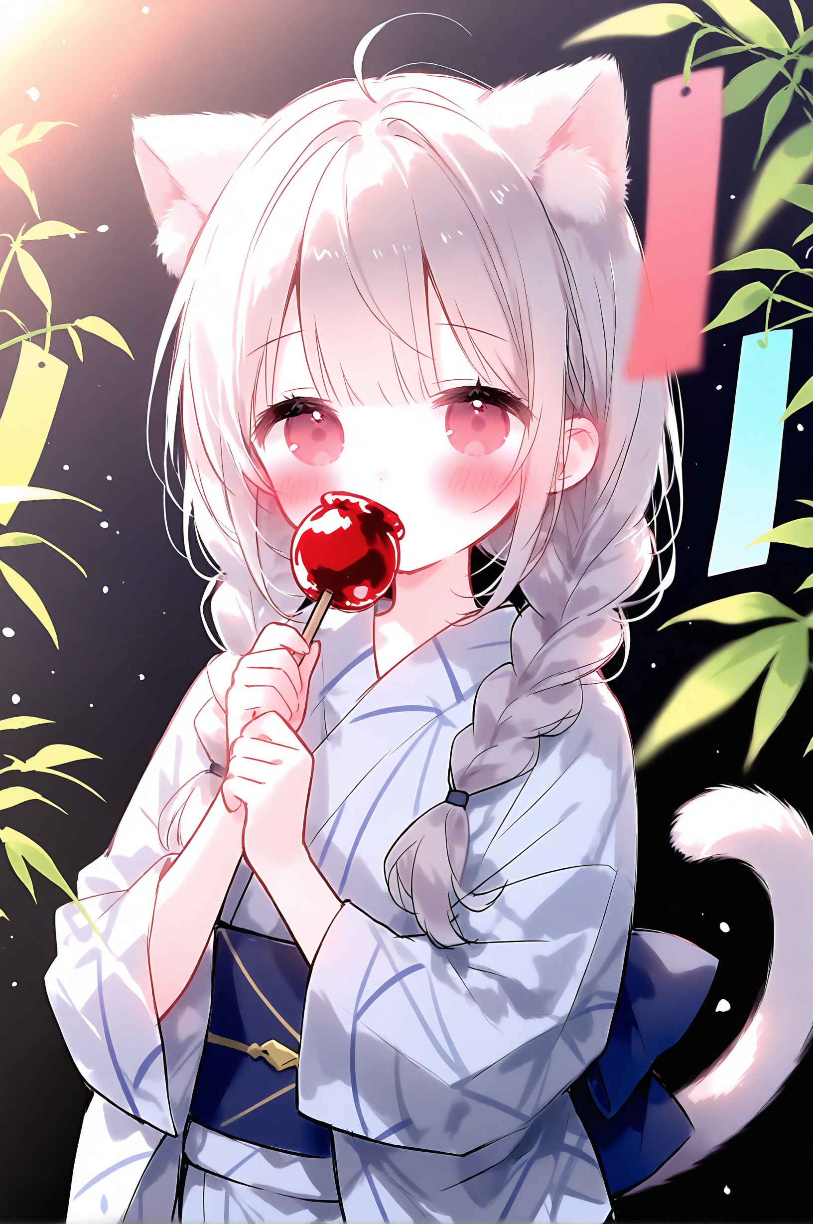 1girl, ahoge, animal ears, blurry, blurry foreground, blush, braid, candy apple, cat ears, cat girl, cat tail, food, holding, holding candy apple, holding food, japanese clothes, kimono, long hair, long sleeves, looking at viewer, red eyes, tail, tanabata, tanzaku, twin braids, upper body, white hair<lora:lp31.p-000025:0.8>,