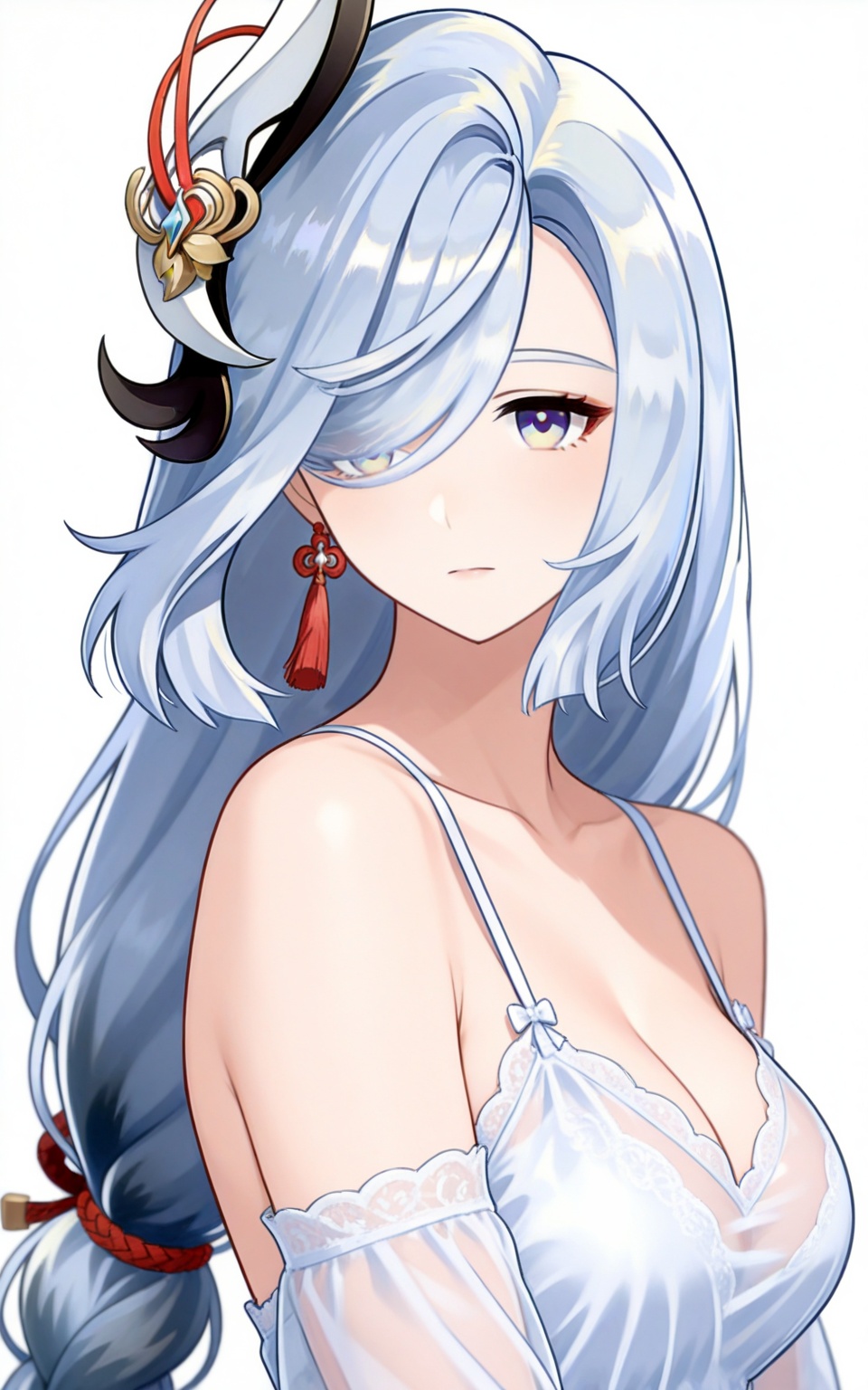 depth of field,masterpiece,best quality,very aesthetic,alternate costume,alternate costume,2024,2023,perfect composition,ultra-detailed,extreme aesthetic,masterpiece,best quality,good quality,newest,year 2024,year 2023,very aesthetic,absurdres,looking_at_viewer,colorful,white_background,simple background,upper_body,see-through,dress,<lora:申鹤·衣服百搭款ILL:0.8>,shenhe \(genshin impact\),white hair,blue eyes,braided ponytail,tassel earrings,long hair,hair ornament,hair over one eye,