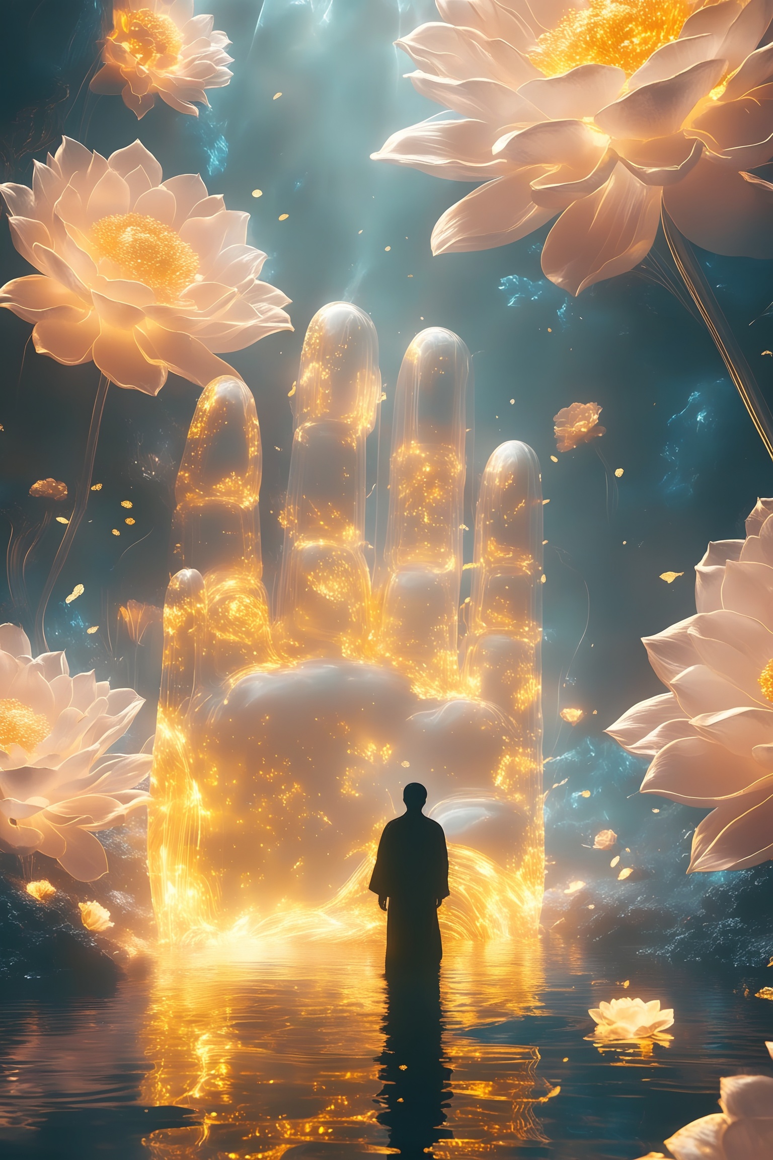 tiandiyixiang,The image depicts a surreal and mystical scene where a person stands in front of a glowing,ethereal hand that appears to be made of light. Surrounding the figure are large,luminous flowers that emit a warm,golden glow,creating an otherworldly atmosphere. The person is dressed in a flowing garment,adding to the sense of mystery and wonder. The overall composition is filled with a sense of magic and enchantment,as if the scene is from a dream or a fantasy world.,