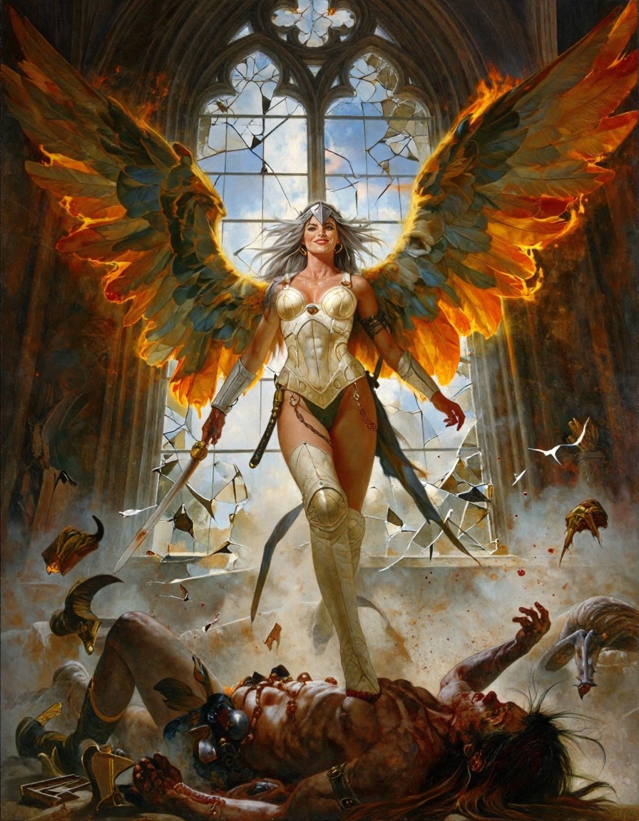 An angelic warrior—clad in segmented ivory plate that strategically leaves collarbones and thighs exposed—crashes through...