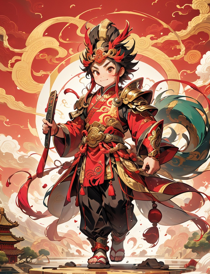 Thick color style, ancient Chinese mythology style, 1boy, holding a red tassel gun, wearing pink armor, stepping on fire wheels on his feet, cute
