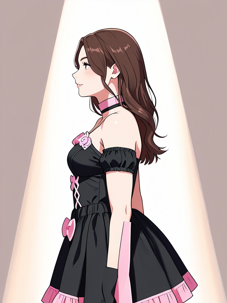 pinkandblackdresswithbows,  side view a beautiful young brunette woman with deep hazel eyes wearing a sexy black dress wit...