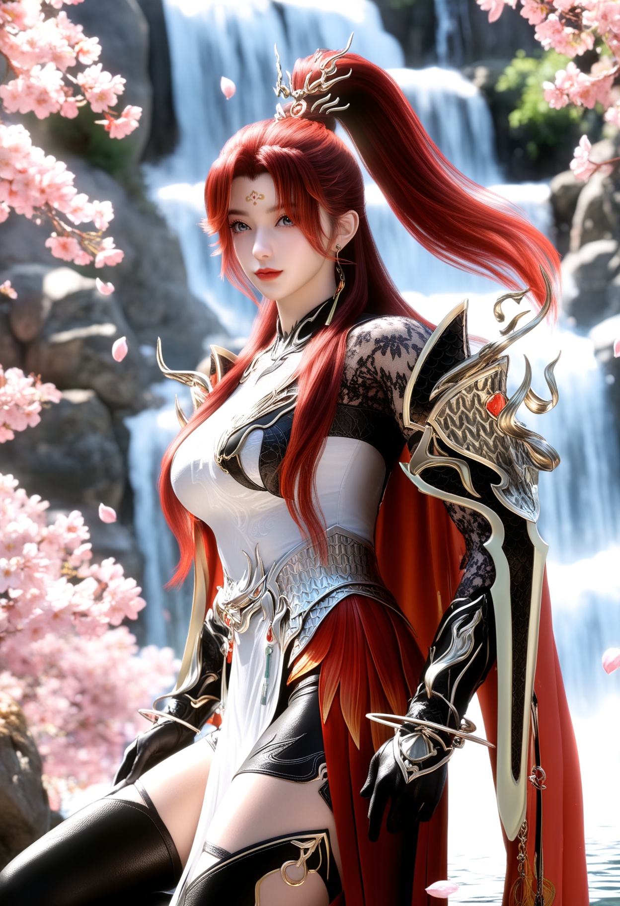 masterpiece,best quality,amazing quality,high resolution,ultra-detailed,absurdres,(looking at viewer:1.1),upper body,moody lighting,waterfall,peach blossom,falling petals BREAK large breasts,1girl,solo,long hair,red hair,jewelry,earrings,forehead mark,red lips,hair ornament,ponytail,armor,dress,chinese clothes,makeup,thighhighs,gloves,cape,blue eyes,shoulder armor,high ponytail,grey eyes,red cape,black thighhighs,thigh boots,boots BREAK photorealistic details,<lora:QQSillchiyanghuamingV1:0.8>,