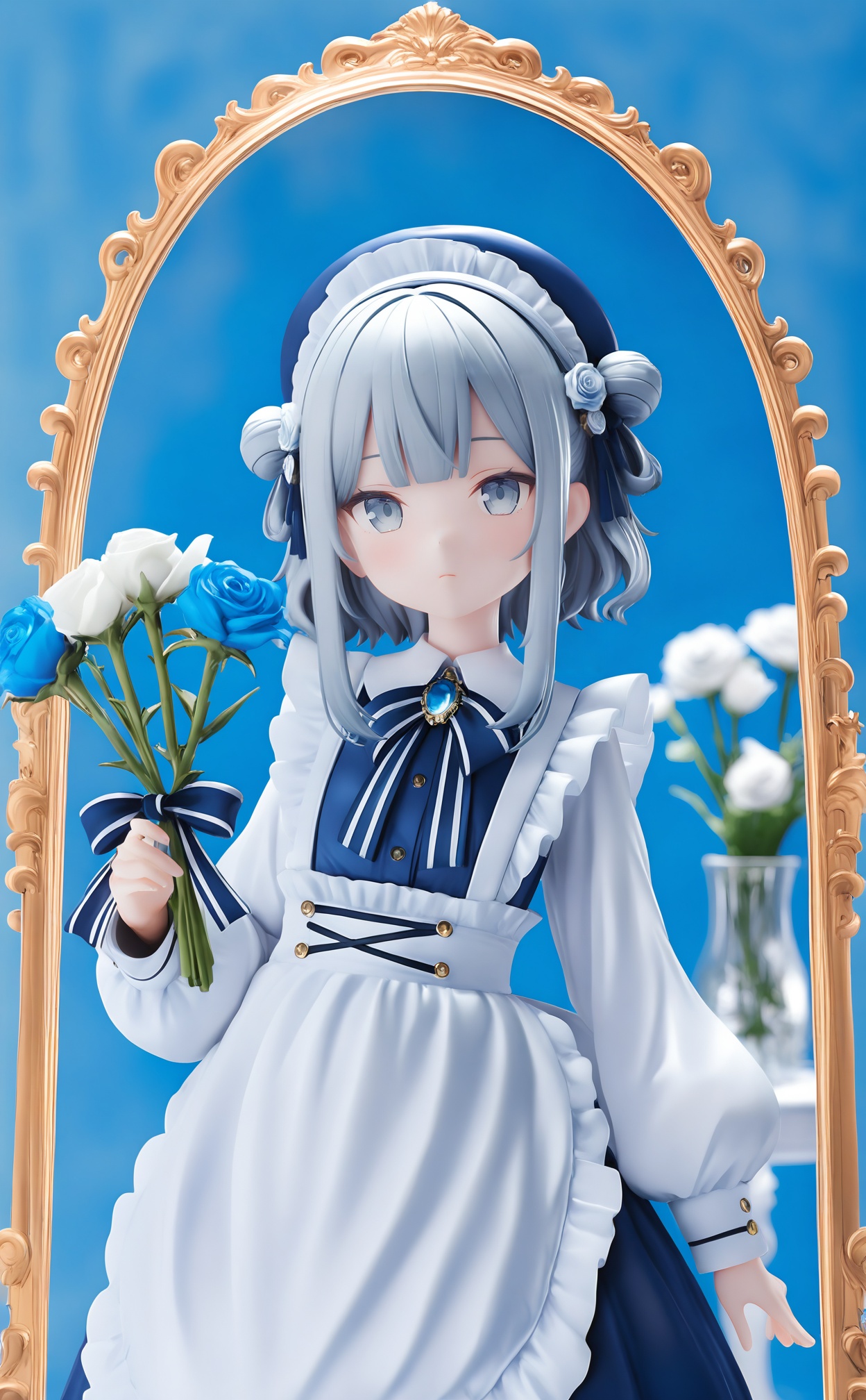 masterpiece,absurdres,best quality,loli,petite,high quality,chromatic_aberration,//,flower, 1girl, solo, holding, blue skirt, white flower, hair ornament, grey hair, holding flower, rose, double bun, looking at viewer, hair bun, frills, apron, long sleeves, blue flower, hair flower, skirt, blue eyes, blue headwear, closed mouth, vase, white rose, brooch, white apron, blue rose, dress, maid, puffy sleeves, picture frame, grey eyes, mirror, puffy long sleeves, plant, blue background, ribbon, hat, white shirt, shirt, blue dress, blue theme, maid headdress, tassel, maid apron, standing, straight-on, virtual youtuber, sidelocks, lace trim//,<lora:PVC7——【noob】hans:1>,