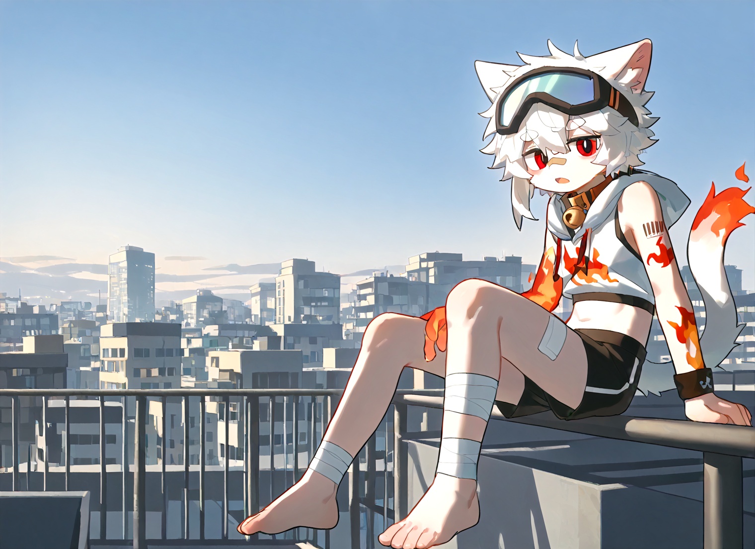 [nekowuwu],solo,male_focus,white hair,short hair,red eyes,floppy ears,fire arm tattoo,ski goggles,fire print on white (sleeveless) hoodies,crop top,black shorts,barefoot,three-quarter view,outdoor,rooftop,rains,sitting on railing,opened mouth,solo,very awa,masterpiece,best quality,highres,absurdres,emotionless eyes,white fur,cat boy,white hair,Right mid length drooping frontal hair,(Asymmetric hair on the temples:1.2),Expose left shoulder,wristband,thick eyebrows,barcode tattoo,bell on collar,Collar,Cortical collar,Large collar,white hair,bandage on nose,bandage on leg,furry,<lora:影灵:0.55>,