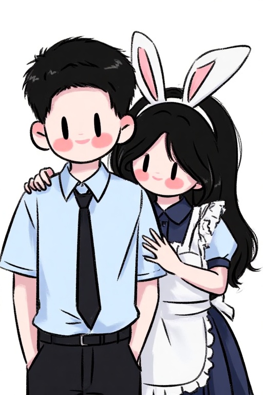 crayon (medium),The image depicts two characters,one male and one female,with a playful and friendly interaction. The male character has short black hair and is wearing a light blue shirt with a black tie. He is smiling and has a blush on his cheeks. The female character has long black hair and is wearing a light blue shirt with a dark blue apron. She is also smiling and has bunny ears on her head. The background is plain white,emphasizing the characters.,